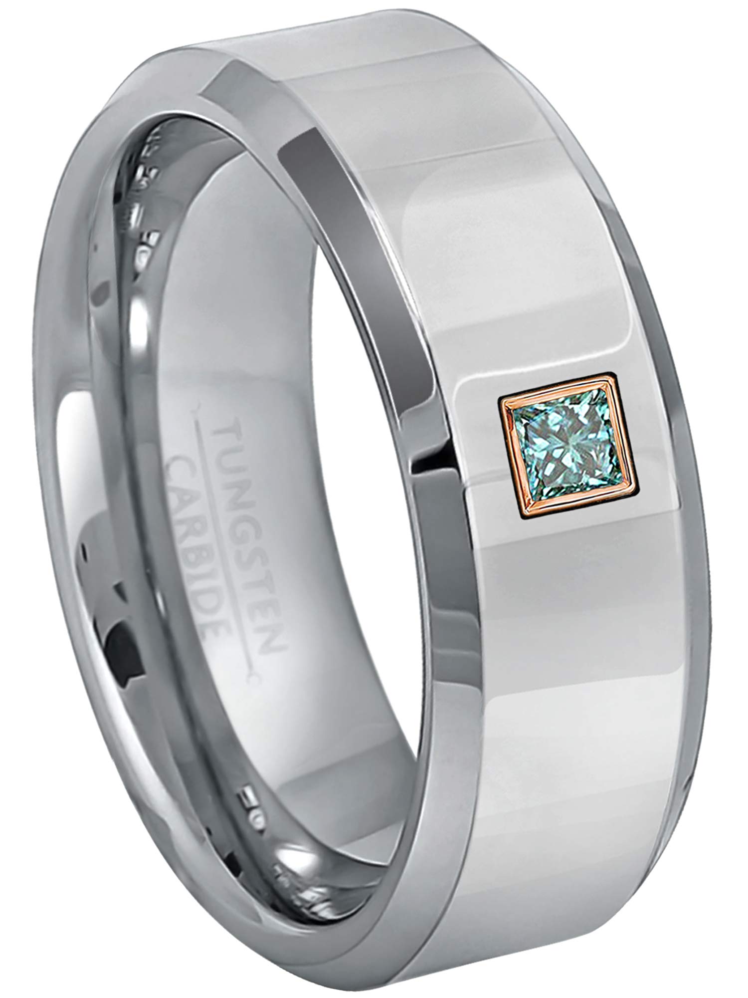 0.10ctw Princess Cut Blue Diamond Tungsten Ring for Men & Women - 8mm Polished Tungsten Carbide Wedding Band with Beveled Edge - April Birthstone Jewelry Gift for Anniversary, Engagement & Special Occasions