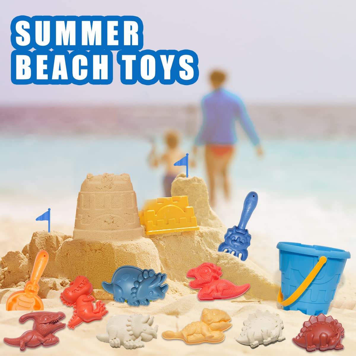 **Holady 21-Piece Kids Beach Sand Toys Set with Bucket, Shovel, Rakes, Flag & Dinosaur Molds - Outdoor Sandbox Toys for Boys & Girls Ages 3-10 - Perfect for Beach, Backyard & Sandcastle Fun**