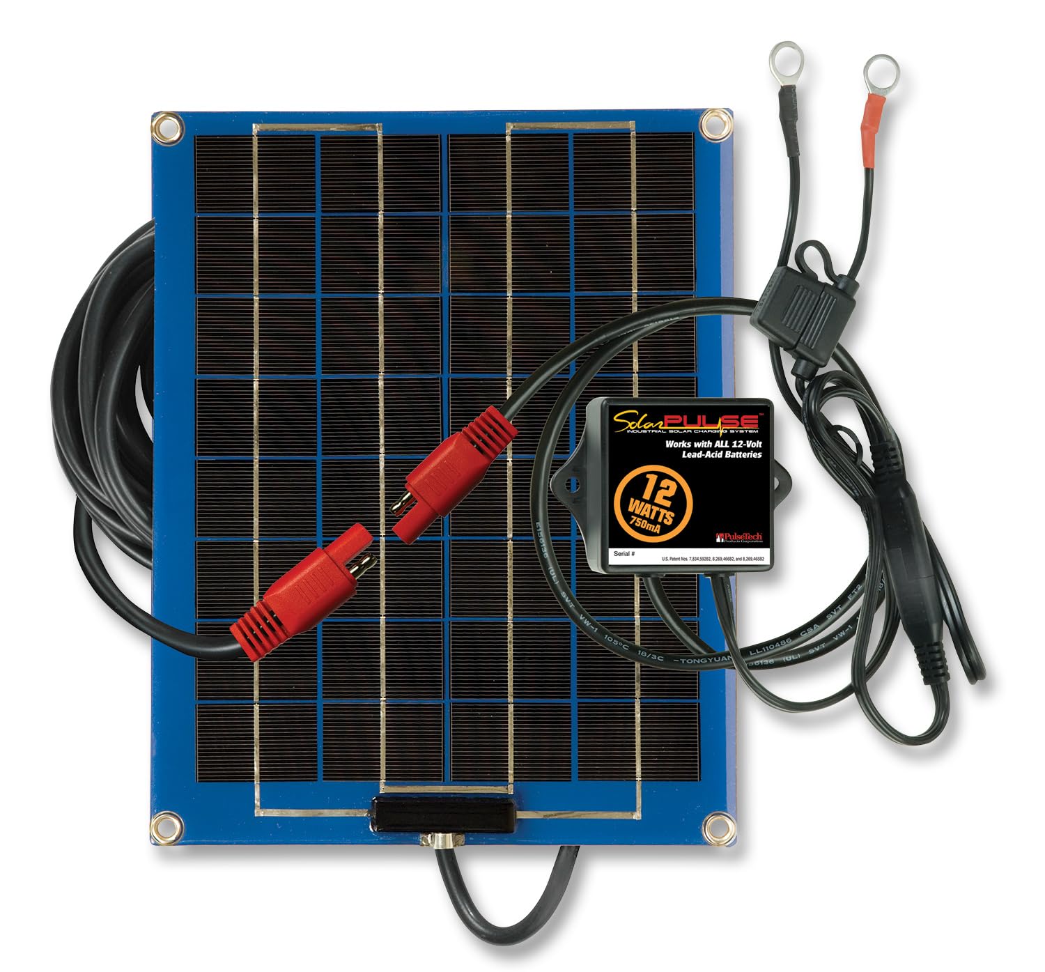 PulseTech SP-12 12W Solar Battery Charger & Maintainer for Cars, Boats, RVs - Portable Solar Panel Charger with Alligator Clips - Ideal for Outdoor, Camping, Emergency Power Backup (Blue)