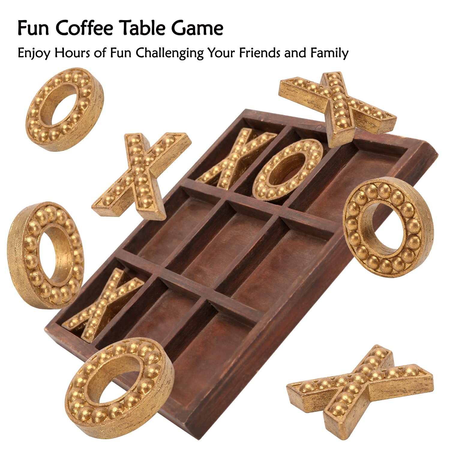 Rustic Wooden Tic Tac Toe Game Board - 10.6 Inch Coffee Table Decor with Gold Accents | Farmhouse Home Decor, Game Night Accessories, Living Room Centerpiece