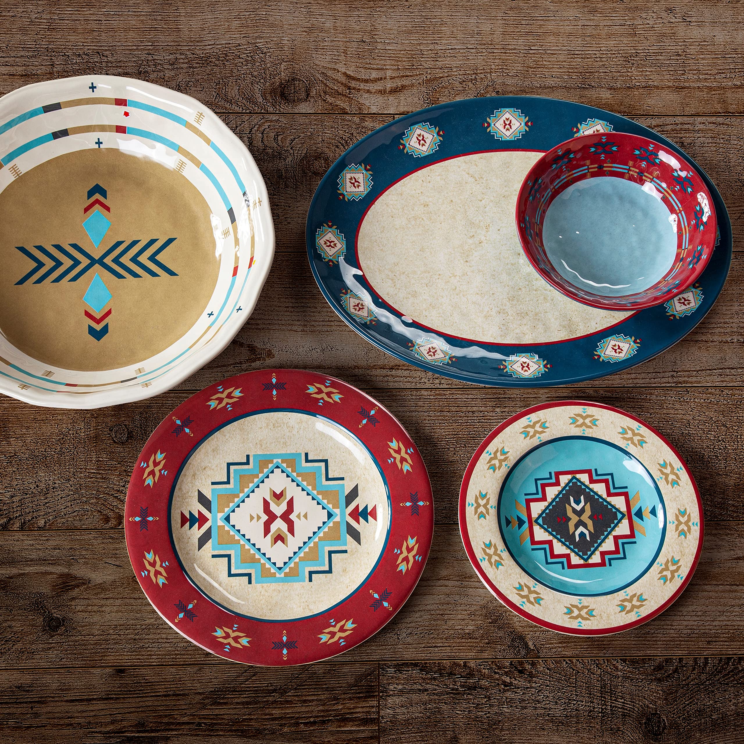 HiEnd Accents Spirit Valley 14-Piece Melamine Dinnerware Set - Plates, Bowls & Serving Platter - Southwestern Rustic Aztec Style for Cabin, Lodge & Outdoor Dining
