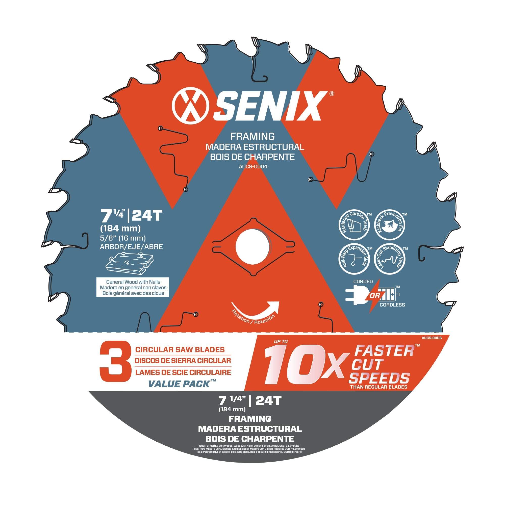 7 1/4 Inch 24-Tooth Circular Saw Blades for Wood Cutting - 3 Pack Framing Blades Set by SENIX - Perfect for DIY Projects, Home Renovation & Professional Carpentry