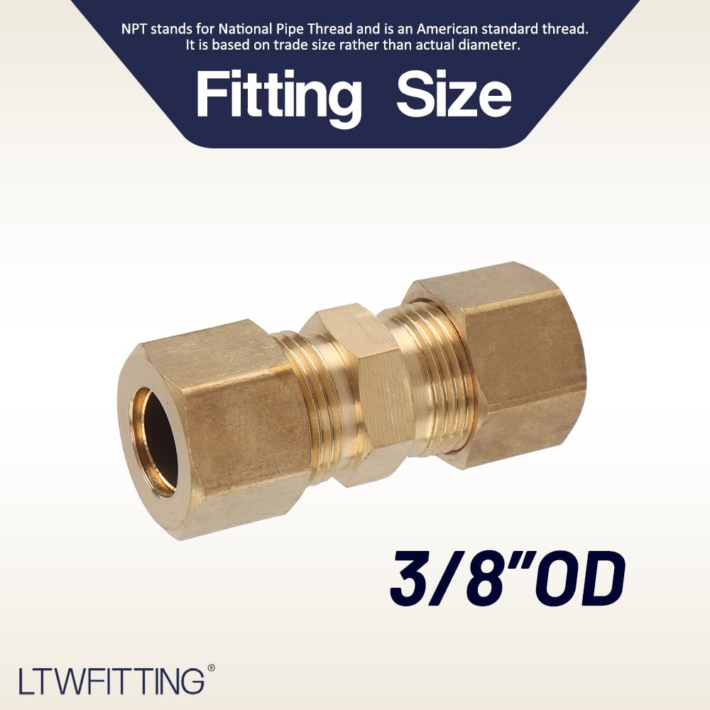 LTWFITTING 3/8-Inch OD Brass Compression Union Fitting - Pack of 200 for Plumbing, HVAC & Water Supply Systems - Perfect for Pipe Connections & Repairs