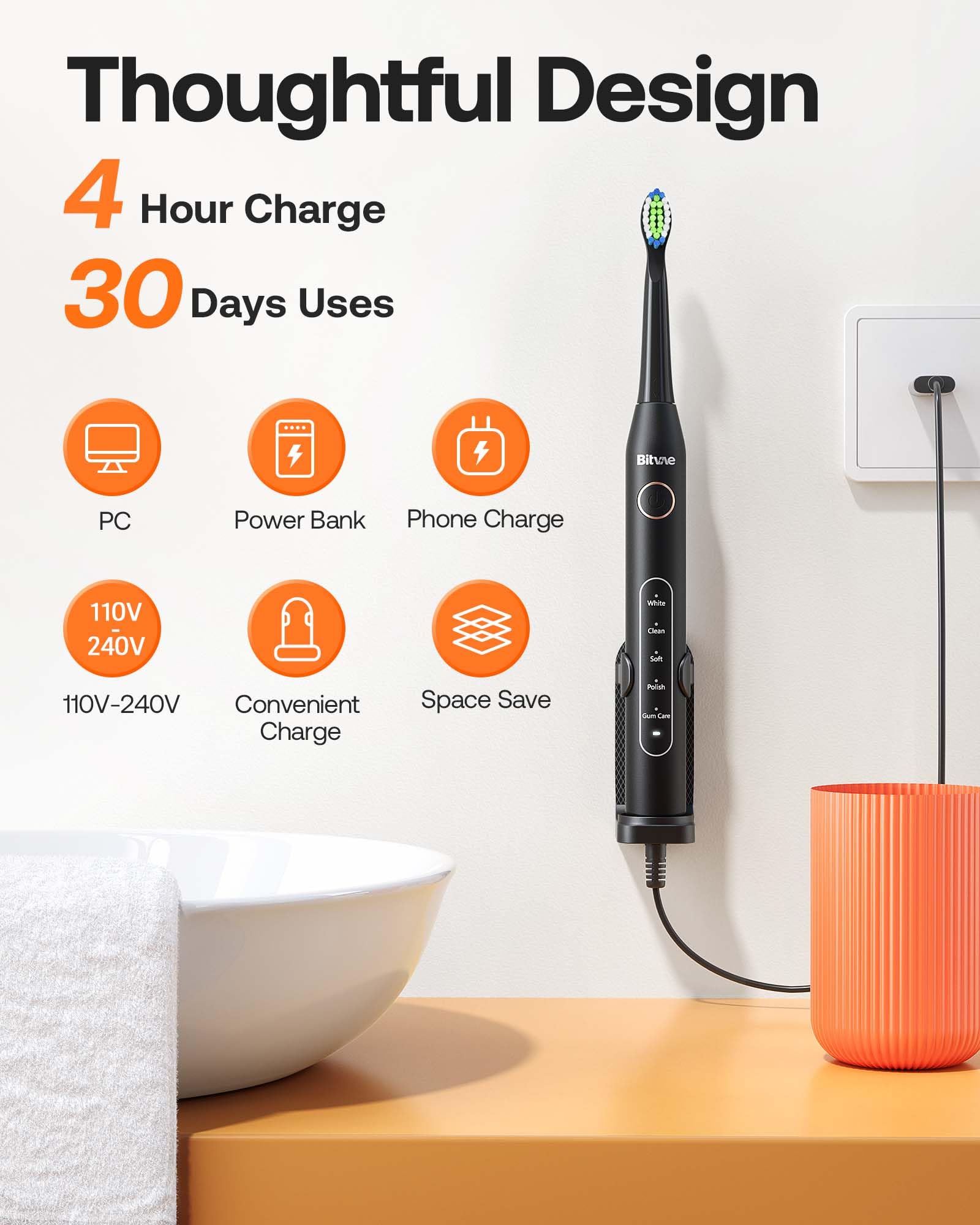 Bitvae Electric Toothbrush for Adults - Rechargeable Ultrasonic Toothbrush with 8 Brush Heads, 5 Cleaning Modes & Smart Timer - ADA Accepted (Black D2) - Perfect for Travel, Home Use & Gifts