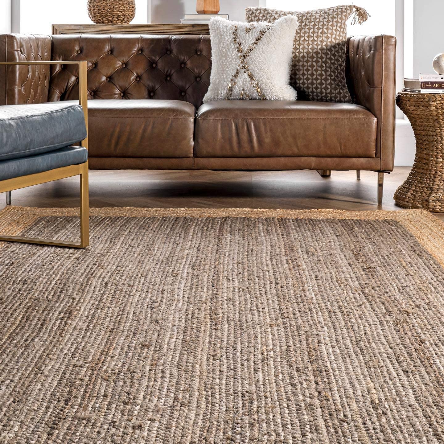 Hand Braided Dark Grey Jute Border Rectangle Area Rug - 8x11 Feet - Indoor/Outdoor Living Room Carpet - Perfect for Home Decor, Patio & High Traffic Areas