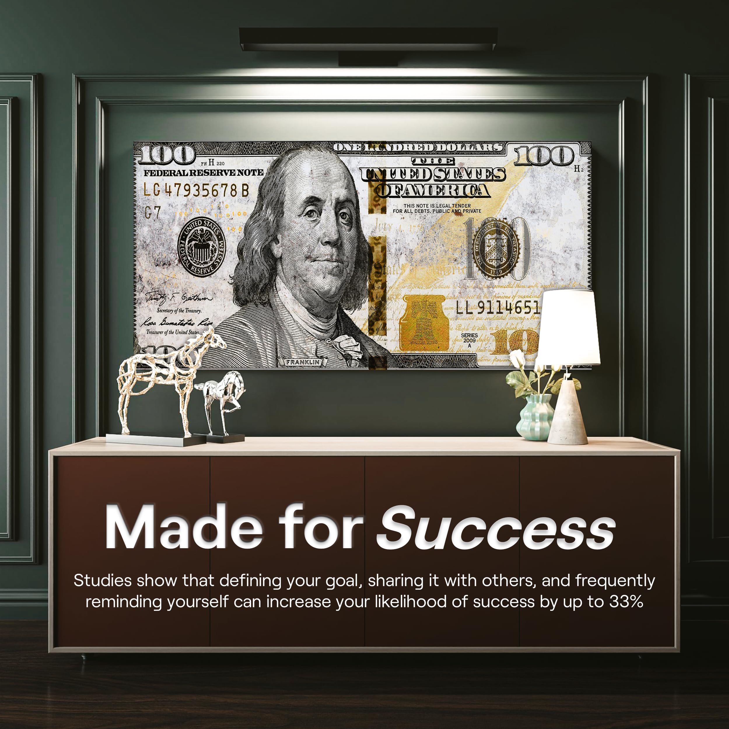 Golden 100 Dollar Bill Wall Art Canvas Print - Office Decor & Money Motivation - Gold Money Artwork, Marble Money Sign (15
