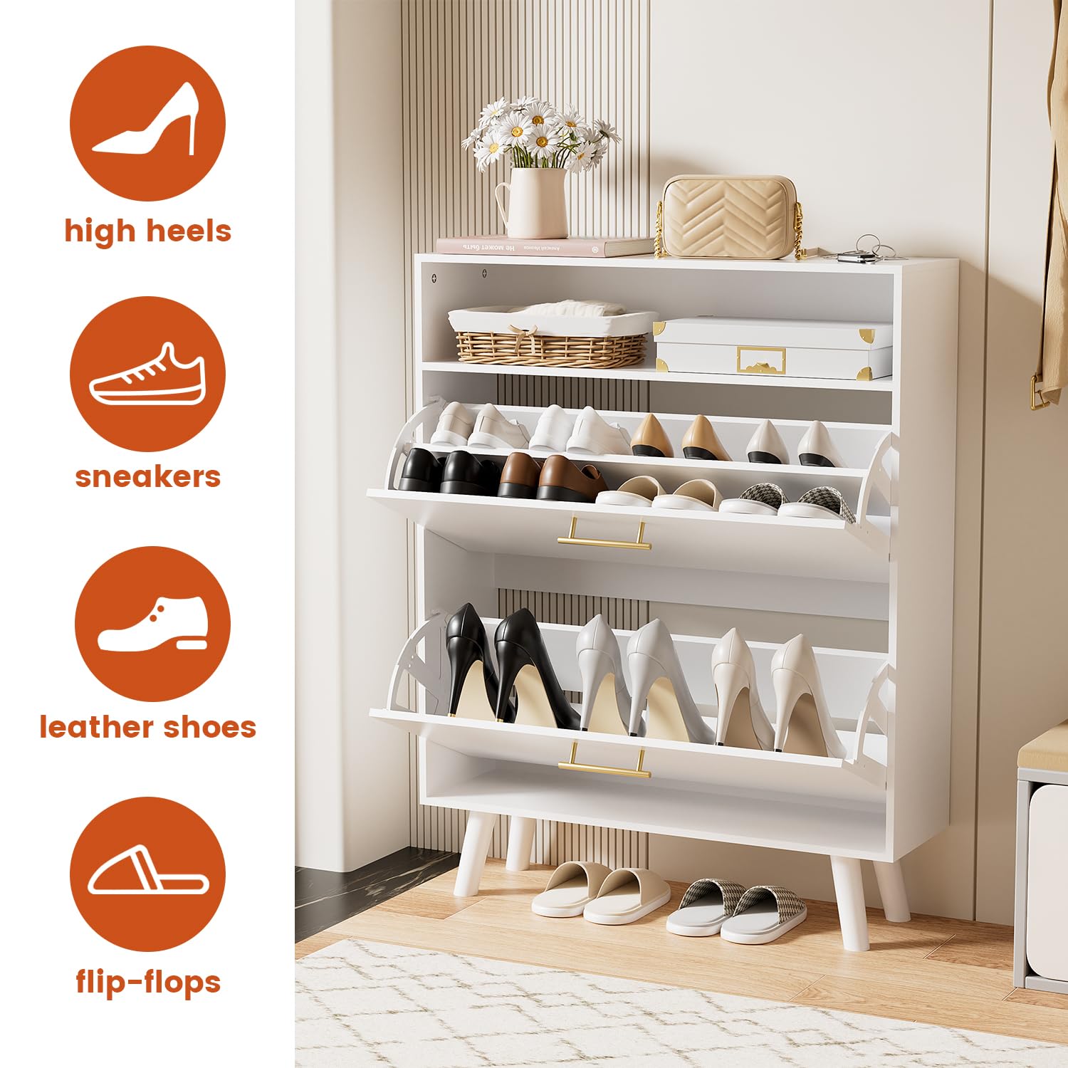 White Slim Shoe Cabinet with 2 Flip Drawers - 2 Tier Freestanding Shoe Organizer for Entryway, Hallway & Living Room - Space Saving Shoe Storage Solution for Small Apartments & Homes