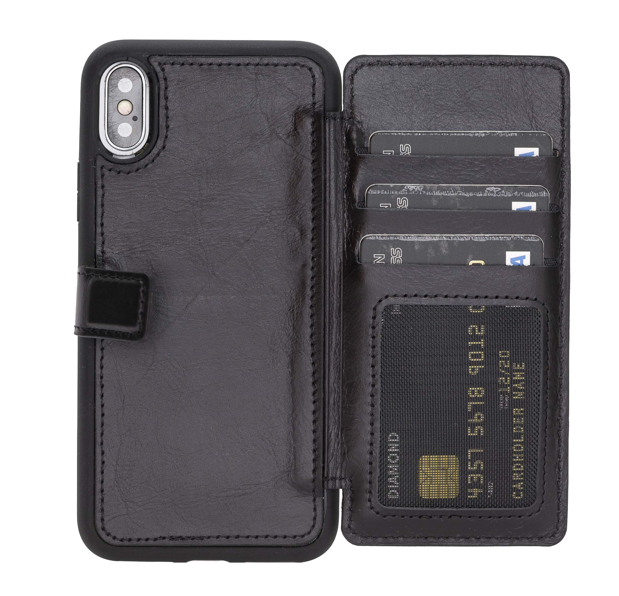 Venito Verona Genuine Leather iPhone X/XS (5.8 inch) Wallet Case with RFID Blocking - Slim Flip Cover Phone Case in Rustic Black - Perfect for Business Travel & Everyday Protection