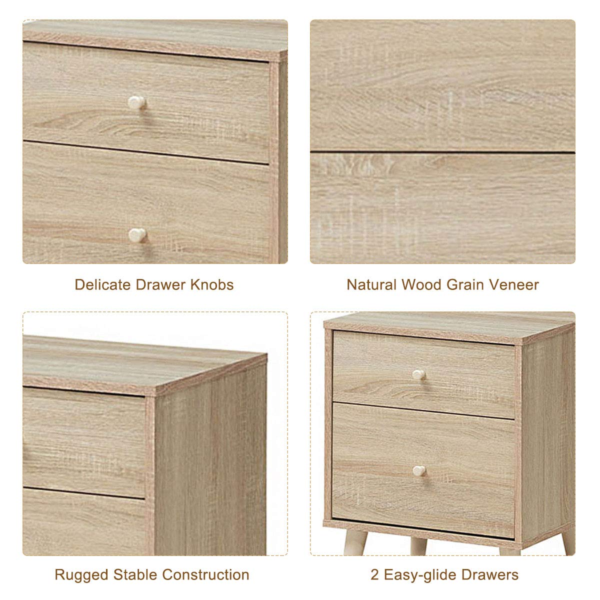 Giantex Nightstand with Drawers & Solid Rubber Wood Legs - Large Storage Side Table for Bedroom, Living Room, Hallway - Natural Wood End Table (Set of 2) | Perfect for Organizing Books, Lamps & Bedroom Essentials