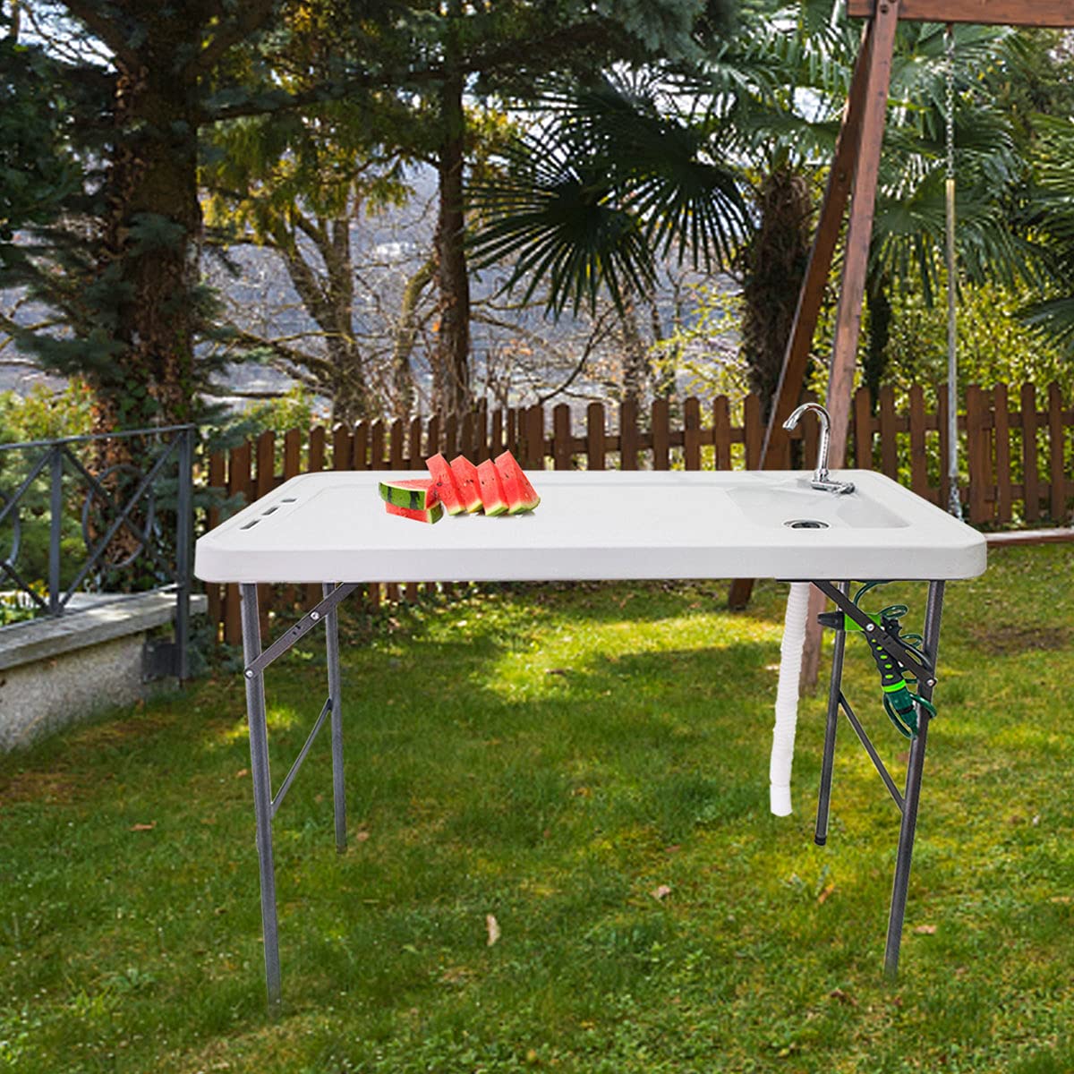 **SSLine Portable Outdoor Fish Table - Folding Camping Table with Sink, Quick Connect Faucet & Sprayer - Patio, Picnic, Cleaning & Cutting Workstation - Perfect for Camping, Fishing, BBQ & Outdoor Cooking**