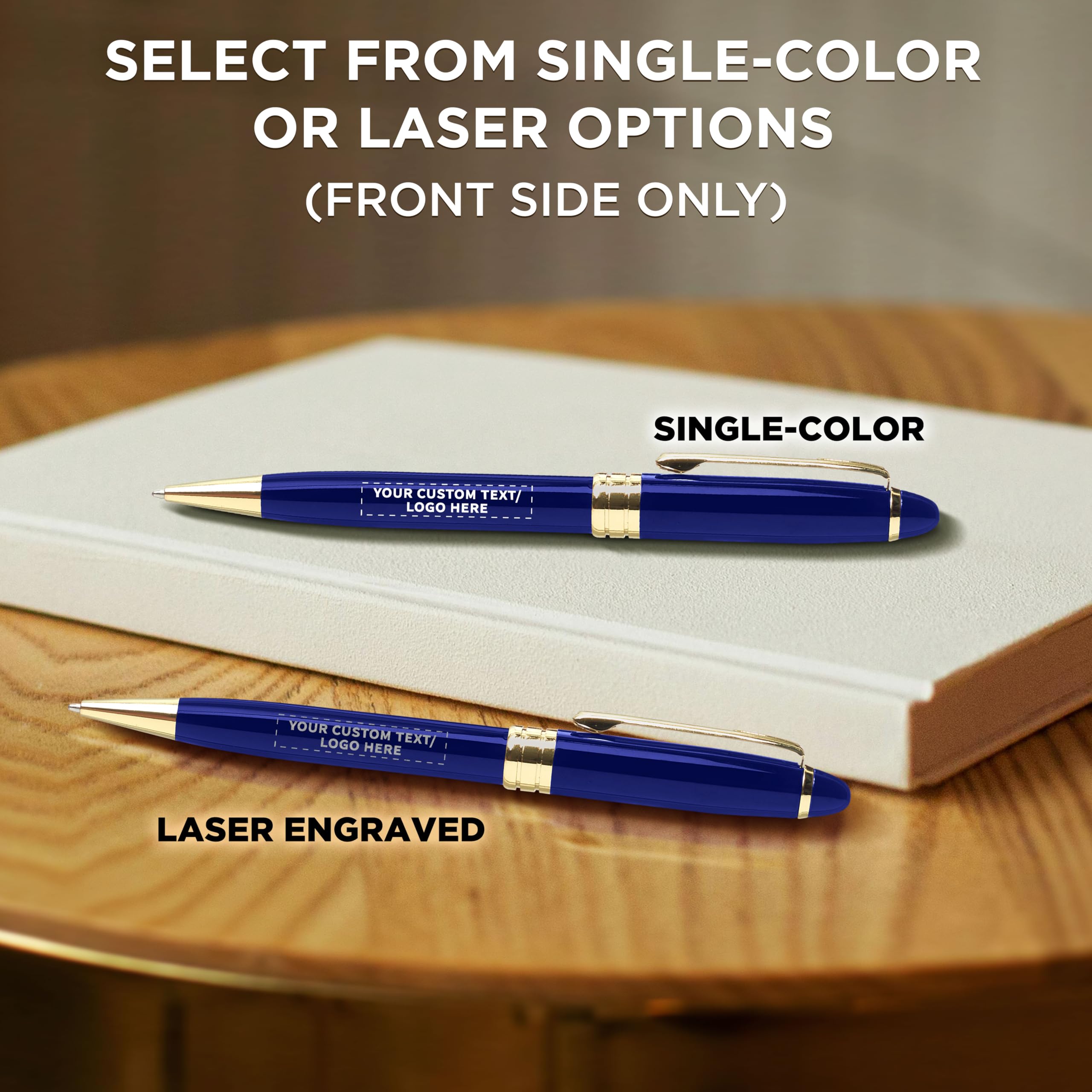 100 Premium Executive Pens Bulk Pack - Custom Engraved Text & Logo - Twist Mechanism with Gold Accent - Blue Ink - Perfect for Corporate Gifts, Business Events & Office Supplies