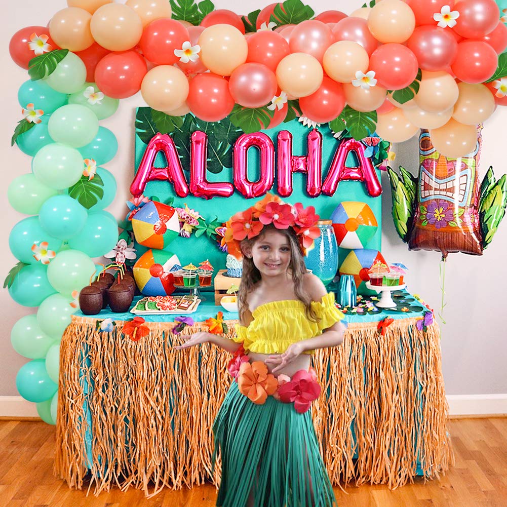 Tropical Balloon Garland Arch Kit - Hawaii Luau Party Decor with Palm Leaves & Plumeria Flowers for Summer Beach Parties, Baby Showers, Kids Birthdays, Bridal Showers & Tropical Themed Events