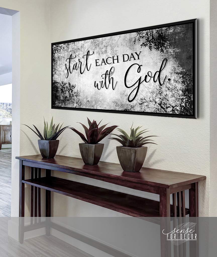 Start Each Day With God - Inspirational Religious Wall Decor with Grey Black Floating Frame 42x19, Positive Quotes for Bedroom, Living Room & Office Spiritual Room Decor
