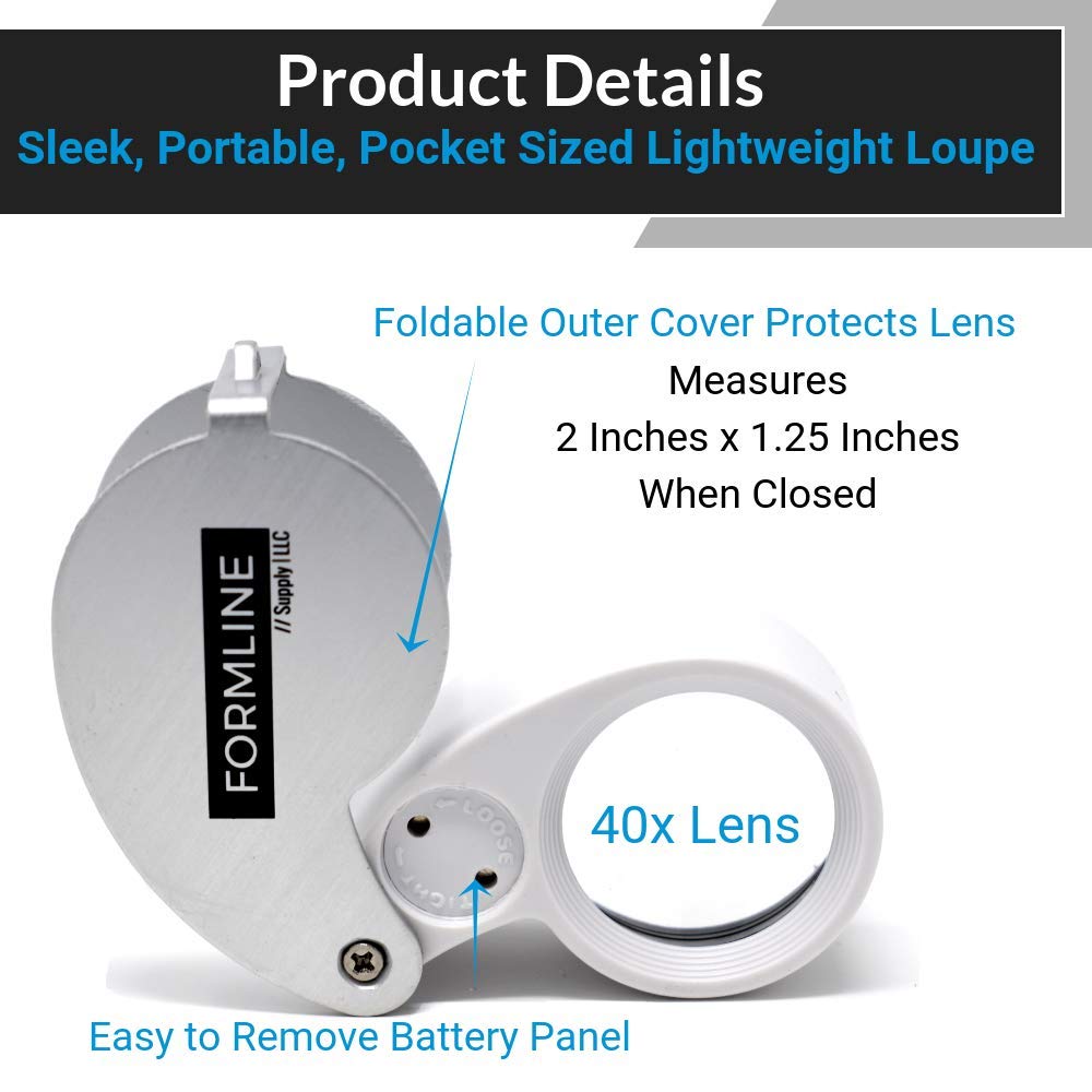 40X LED Illuminated Jewelers Loupe Magnifier with Light - Professional Trichome Scope for Gardening, Jewelry Appraisal, Coin & Stamp Collecting, Watch Repair - Perfect for Hobbyists, Scientists & Antique Enthusiasts (Silver/White) - Ideal for Close-up Inspection of Plants, Gems & Small Details