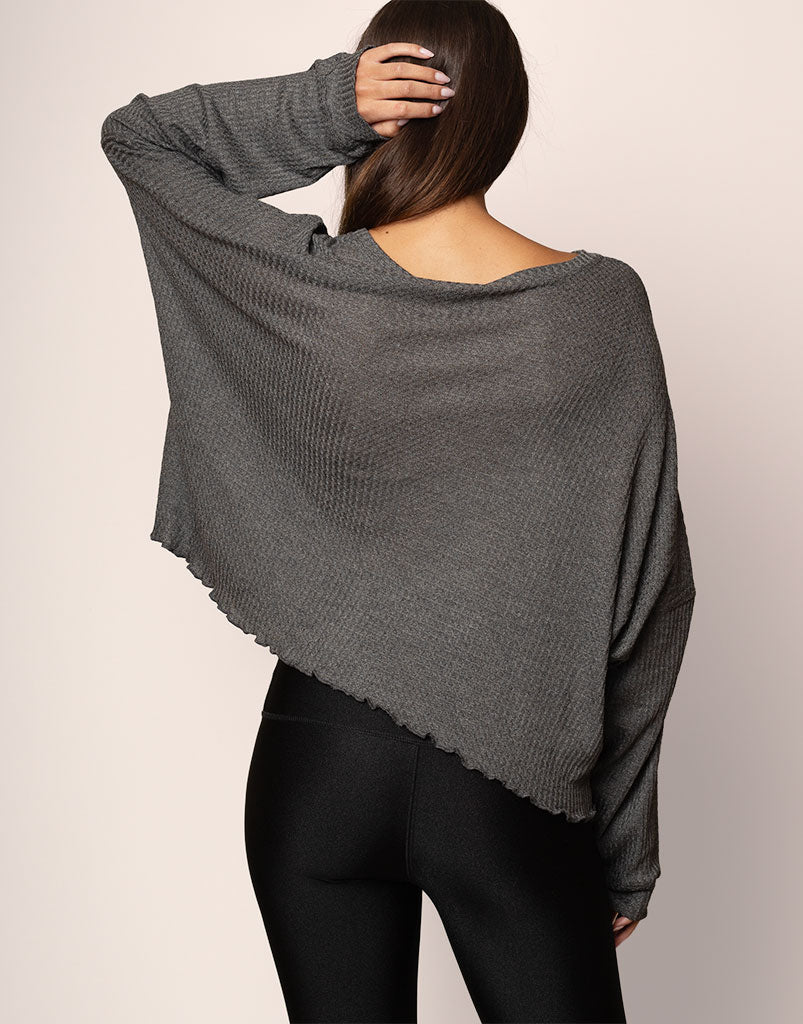 Oversized Waffle Knit Sweater Top - Charcoal Gray Women's Casual Pullover for Fall & Winter | Cozy Loungewear, Coffee Dates, and Weekend Outfits