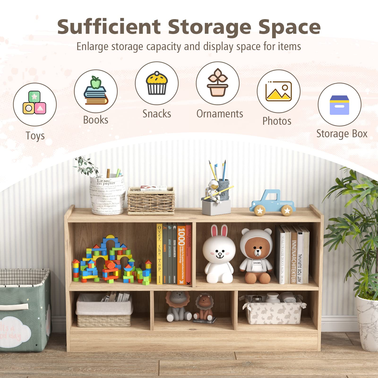HOMGX 5-Section Wooden Montessori Shelf for Kids - 2-Tier Open Bookshelf & Toy Storage Organizer - Natural Wood Kids Furniture for Playroom, Classroom, Nursery & Bedroom - Perfect for Organizing Books, Toys & Learning Materials