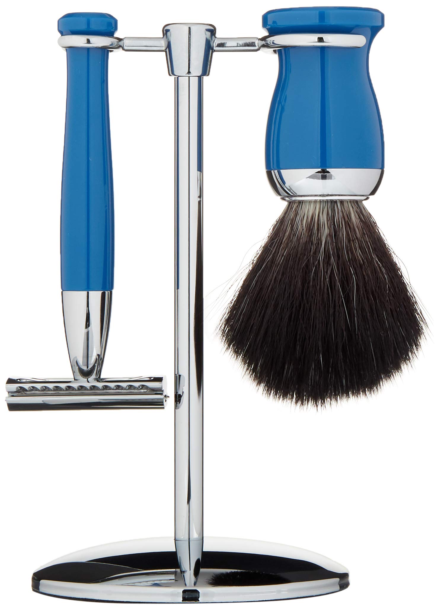 Premium 3-Piece Double Edge Safety Razor Set with Shaving Brush & Stand - Chrome Plated Blue for Men's Wet Shaving - Perfect for Home Grooming & Travel Essentials