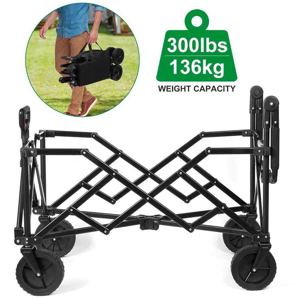 Beau Jardin Heavy Duty Collapsible Folding Wagon Cart - All Terrain Utility Cart for Beach, Camping, Grocery Shopping, Sports & Garden Use - Portable Push Pull Wagon with Durable Black Frame