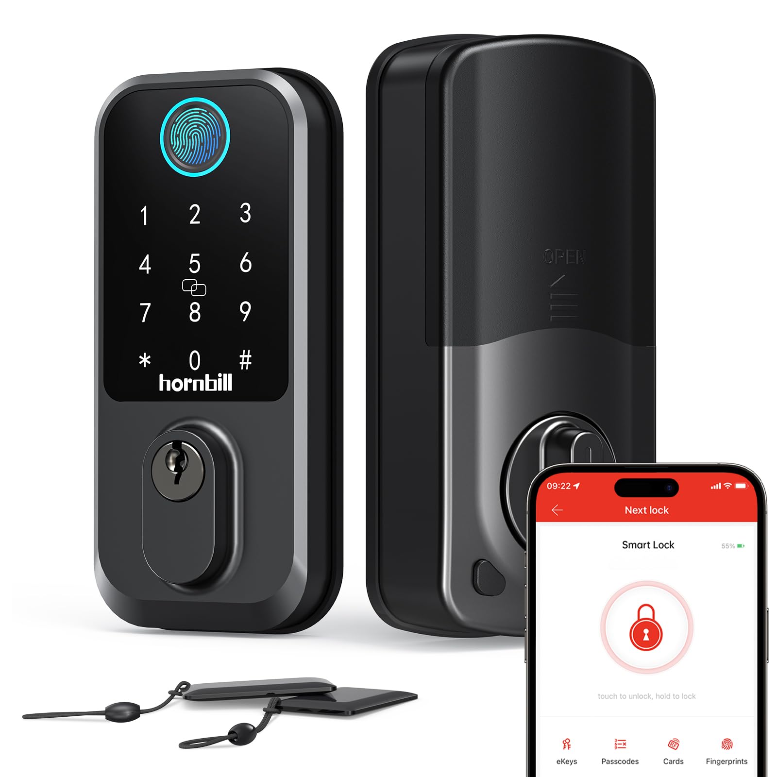 Hornbill Keyless Entry Wi-Fi Smart Lock with Fingerprint - Biometric Smart Deadbolt for Front Door & Exterior Doors - Keypad Entry & Auto-Lock - Matte Black Finish - Perfect for Rentals, Homes & Airbnbs