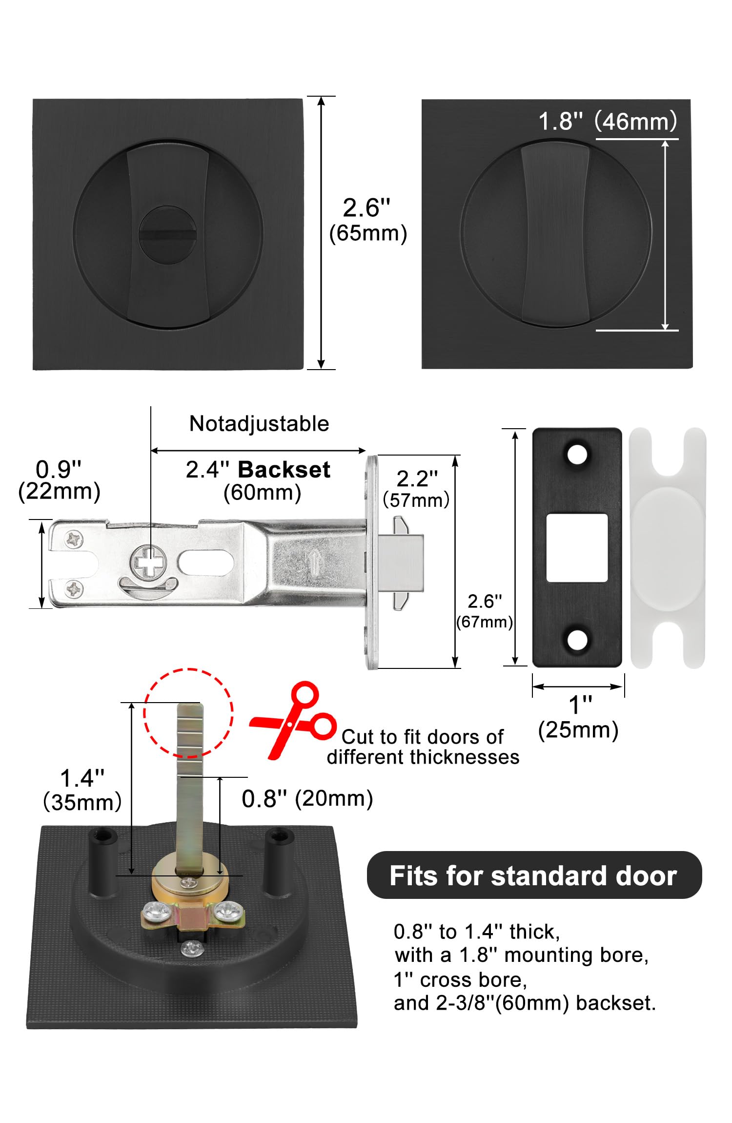 GoldenWarm Matte Black Pocket Door Lock - 2 Pack Contemporary Privacy Square Sliding Door Hardware for Bedrooms, Bathrooms & Closets