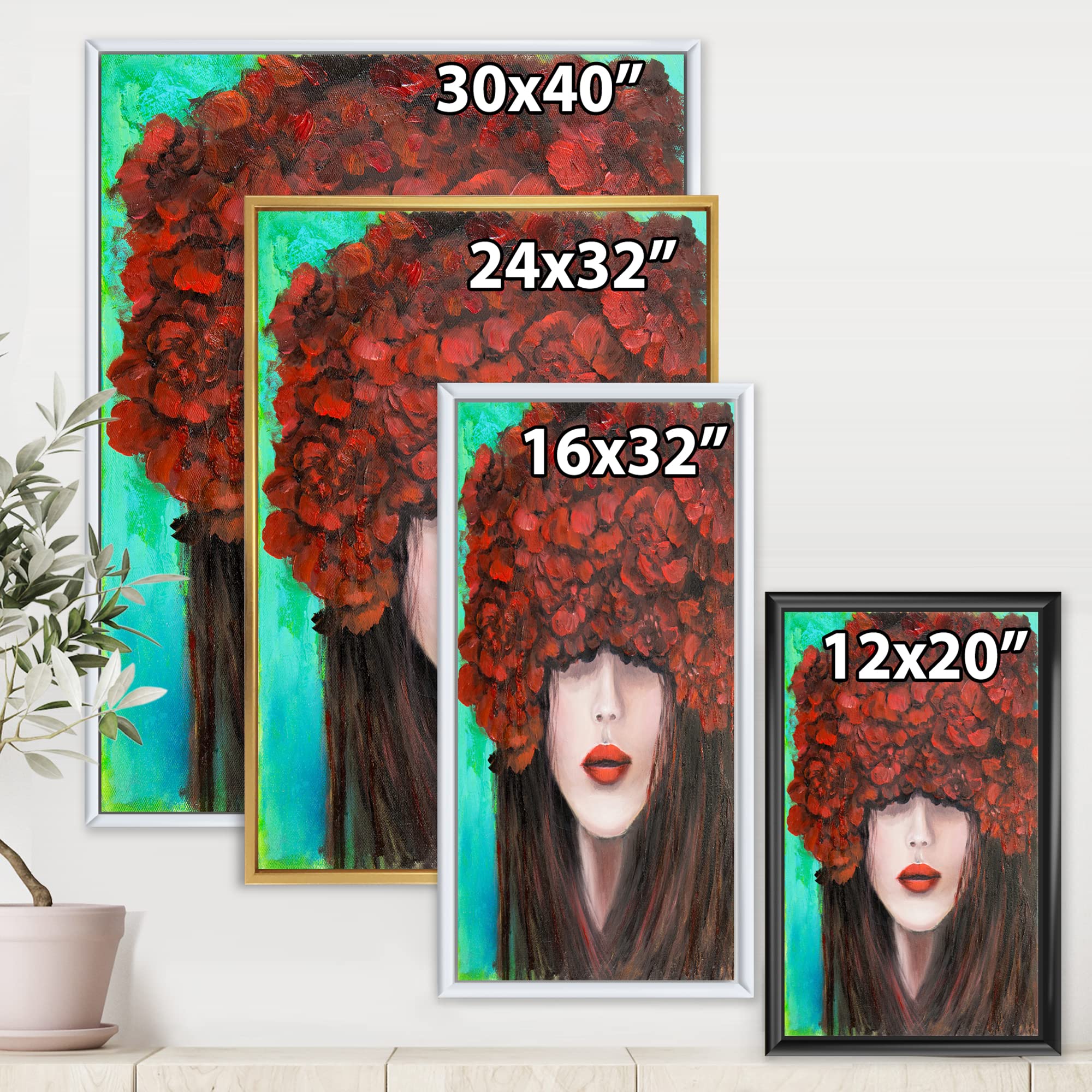 DesignQ Modern Framed Canvas Wall Art - Portrait of Young Woman with Red Flowers, Home Decor for Living Room, Bedroom & Office
