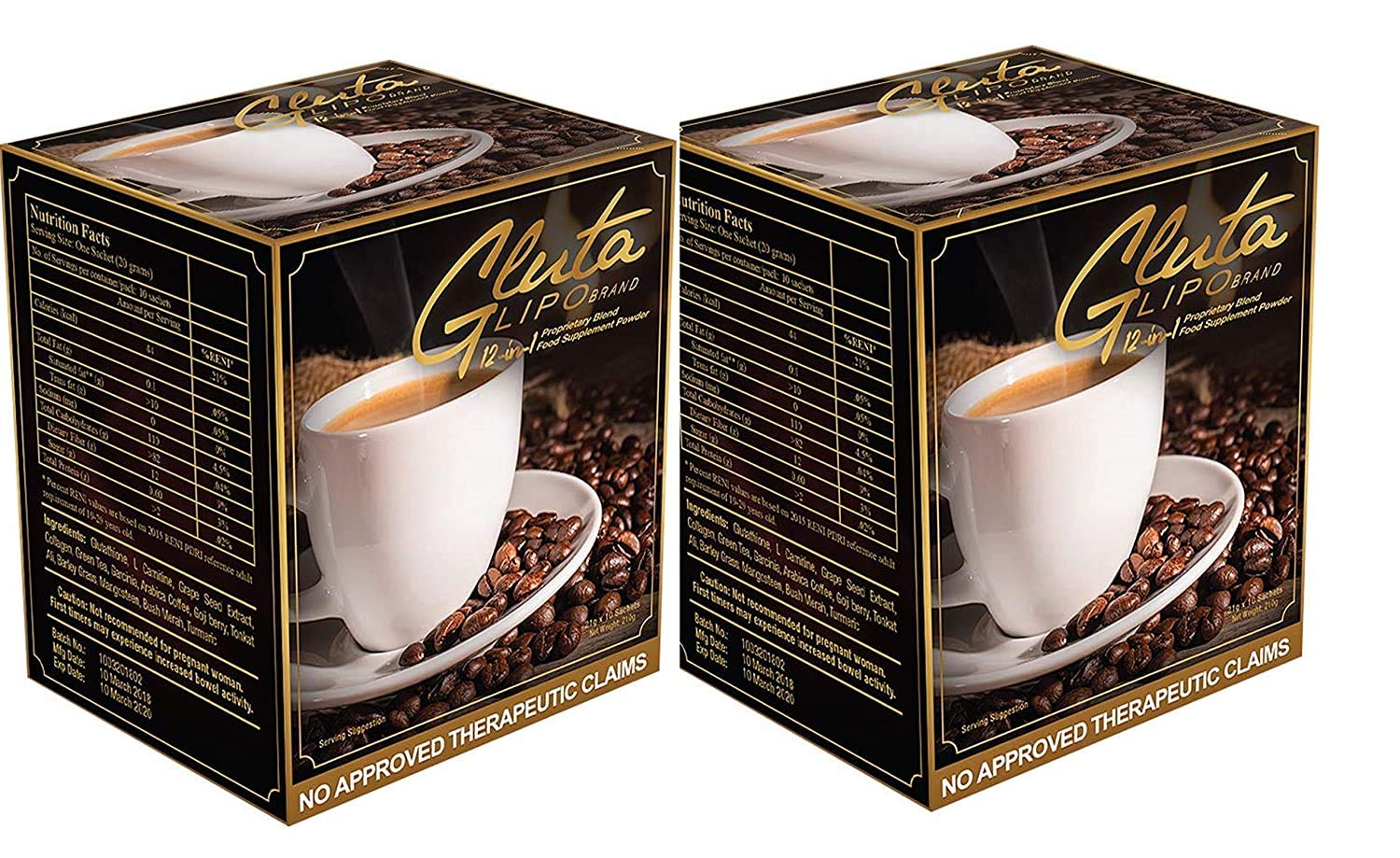 GlutaLipo Coffee 12-in-1 Weight Loss Drink - 2 Boxes (40 Sachets Total) - Antioxidant Rich Metabolism Booster for Energy & Fat Burning - Perfect for Morning Routine or Pre-Workout