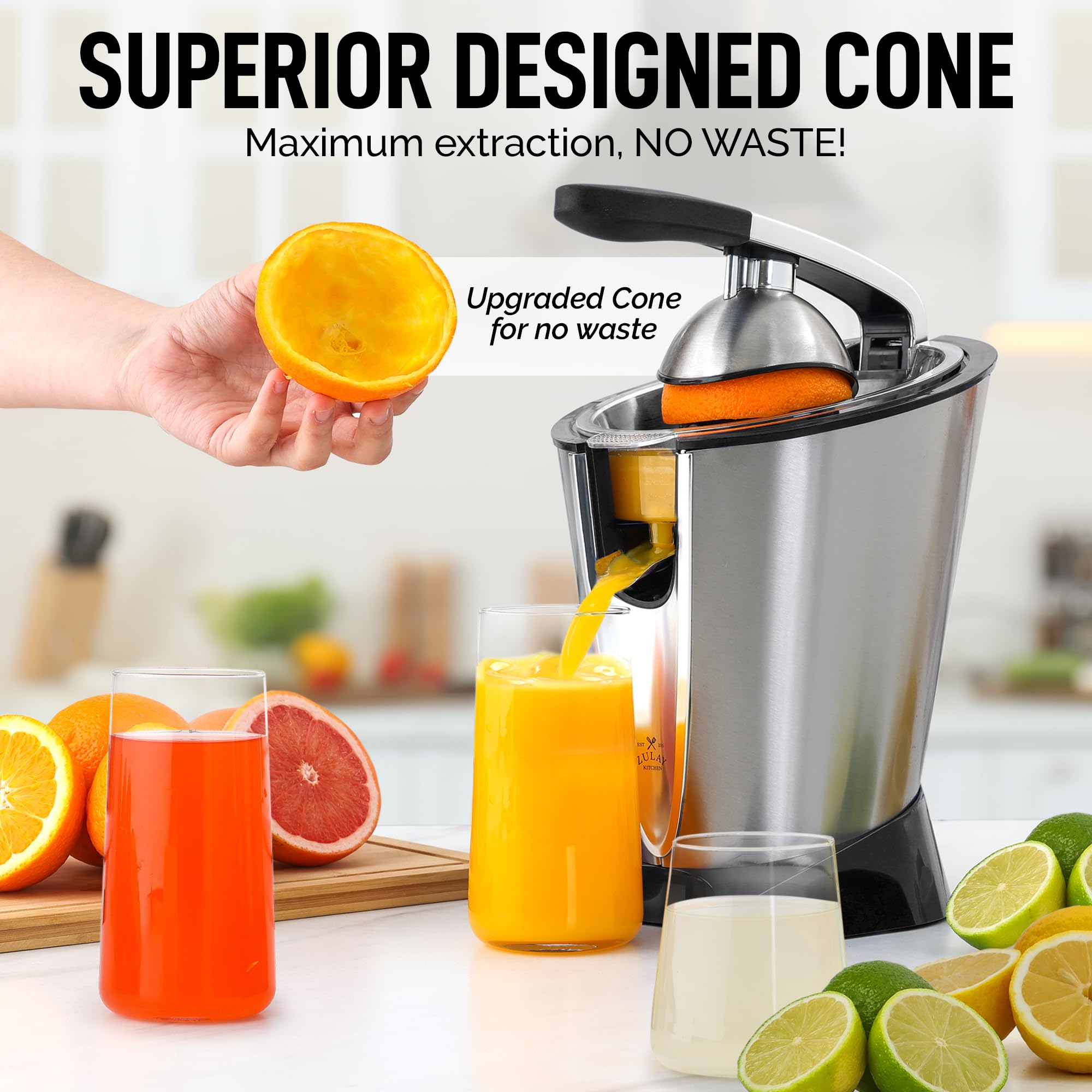 Zulay Premium Electric Citrus Juicer - 160W Powerful & Quiet Stainless Steel Orange/Lemon/Grapefruit/Lime Juice Extractor with Interchangeable Cones & Pulp Filter - Dishwasher Safe - Perfect for Breakfast, Cocktails & Healthy Juicing at Home