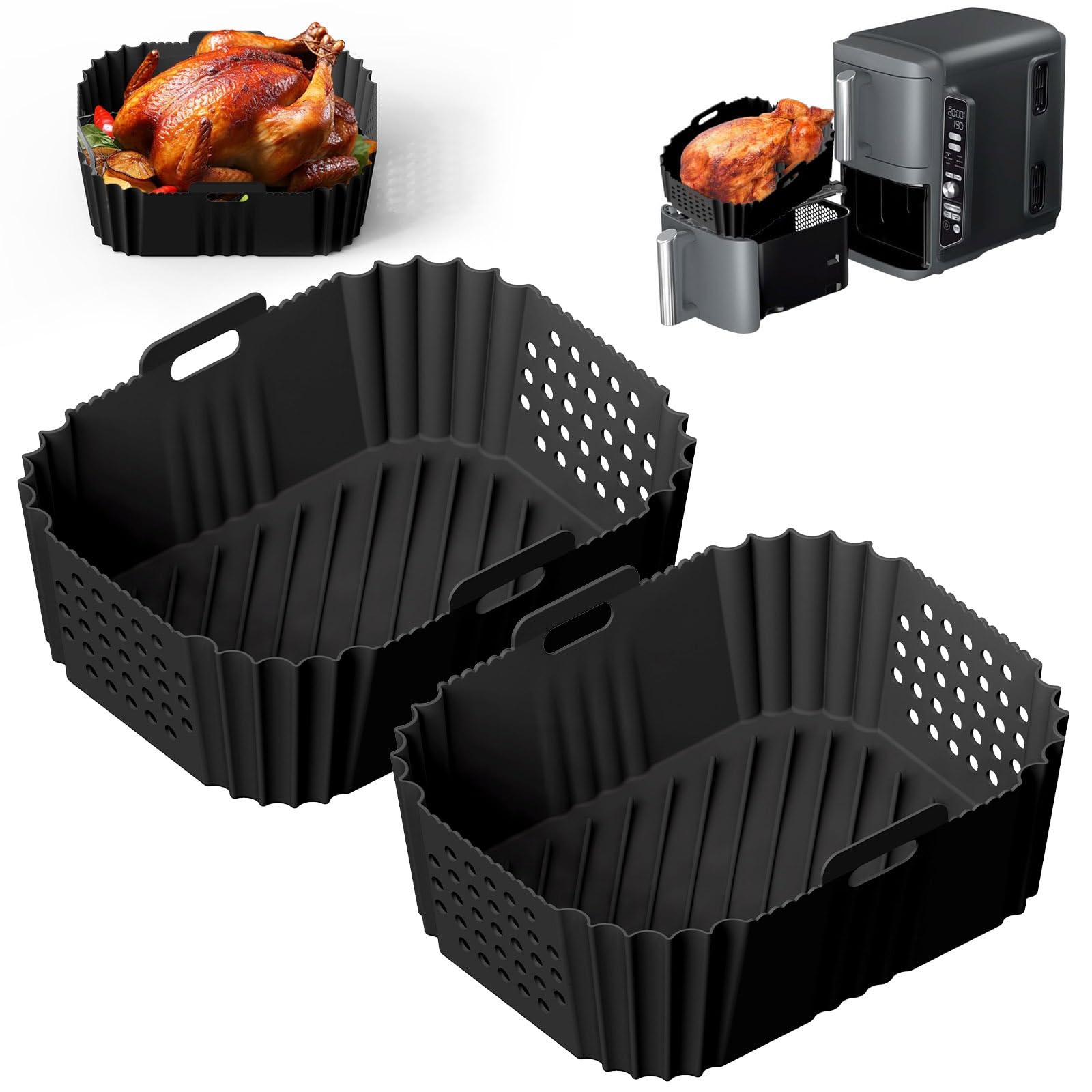 Lifemaison 2-Pack Silicone Air Fryer Liners for Ninja Double Stack SL400EU 9.5L - Non-Stick Baking Mats for Ninja, Cecotec, CHEFREE, Innsky 8-9L Dual Zone Air Fryers - Perfect for Roasting, Baking & Reheating
