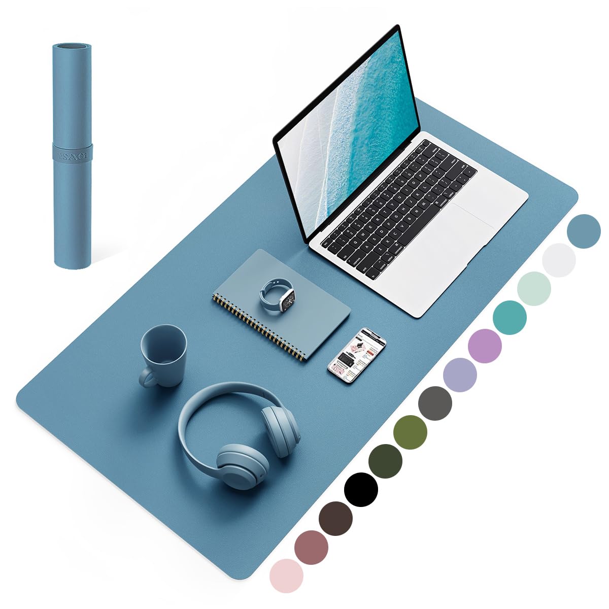 Non-Slip Waterproof PVC Leather Desk Pad - Ultra Thin Large Mouse Pad & Laptop Writing Mat - Easy Clean Office Desk Protector for Work, Home & Decor (Blue, 31.5