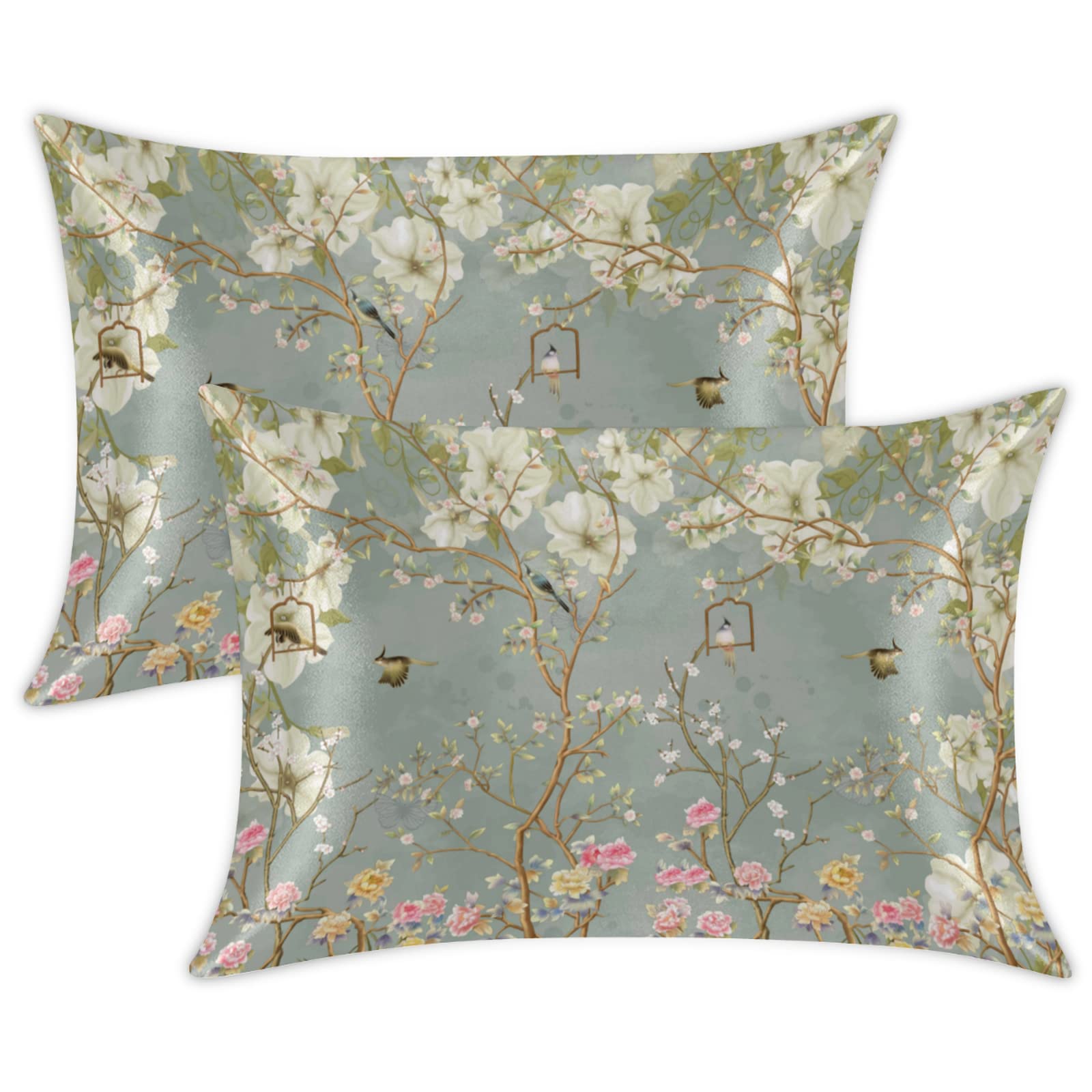 Set of 2 King Size Satin Pillowcases for Hair & Skin Care - Cooling Silk Pillow Covers with Envelope Closure, Spring Peach Blossom Floral Pattern | Perfect for Beauty Sleep, Reducing Frizz & Wrinkles, Luxury Bedroom Decor