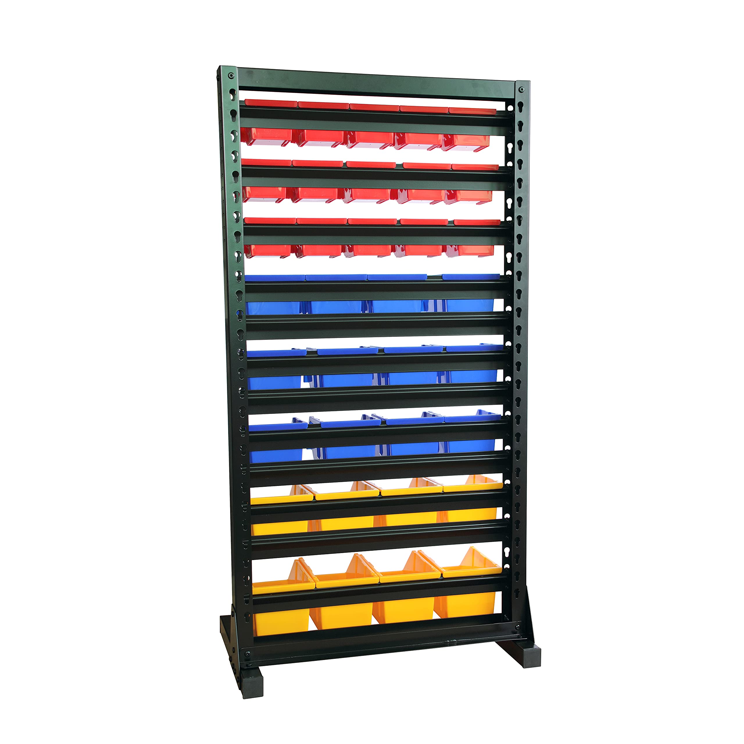 Heavy Duty Steel Hanging Bin Rack Storage System with 35 Plastic Bins - 8-Tier Shelving Unit Organizer for Garage, Closet & Workshop Organization - Perfect for Tools, Toys & Home Storage Solutions