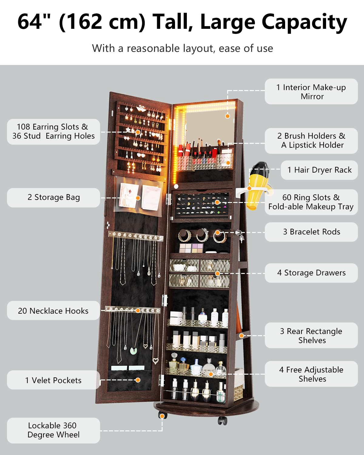 360° Rotating Jewelry Armoire Organizer with LED Lights - Lockable Standing Jewelry Cabinet for Necklaces, Rings & Earrings - Perfect Christmas Gift for Women, Brides & Home Decor (Brown) - Bedroom, Closet & Dressing Room Storage Solution