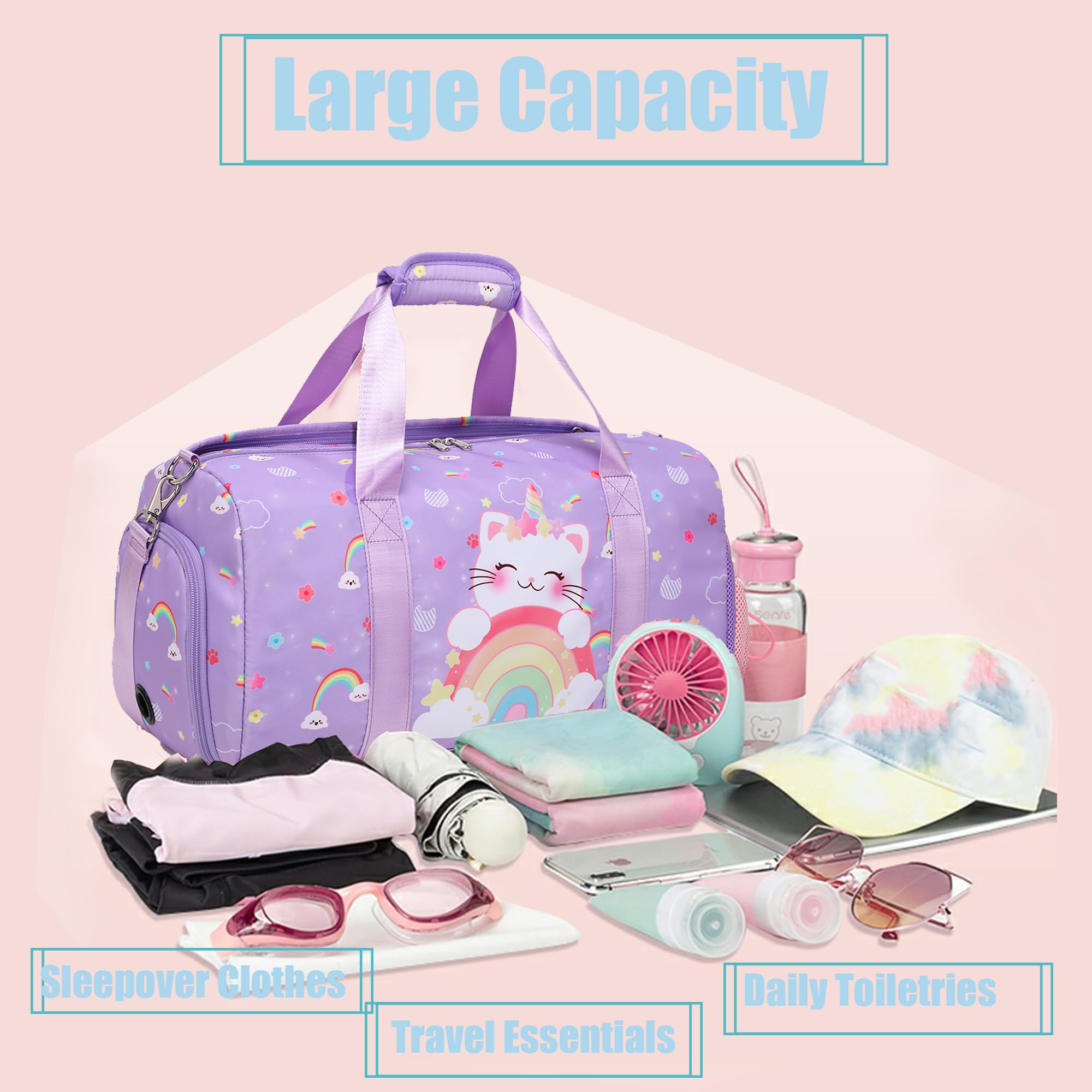 Unicorn Cat Dance Bag for Girls - Ballet, Gymnastics & Sports Duffle Bag with Shoe Compartment & Wet Pocket - Perfect for Dance Class, Travel & Sleepovers