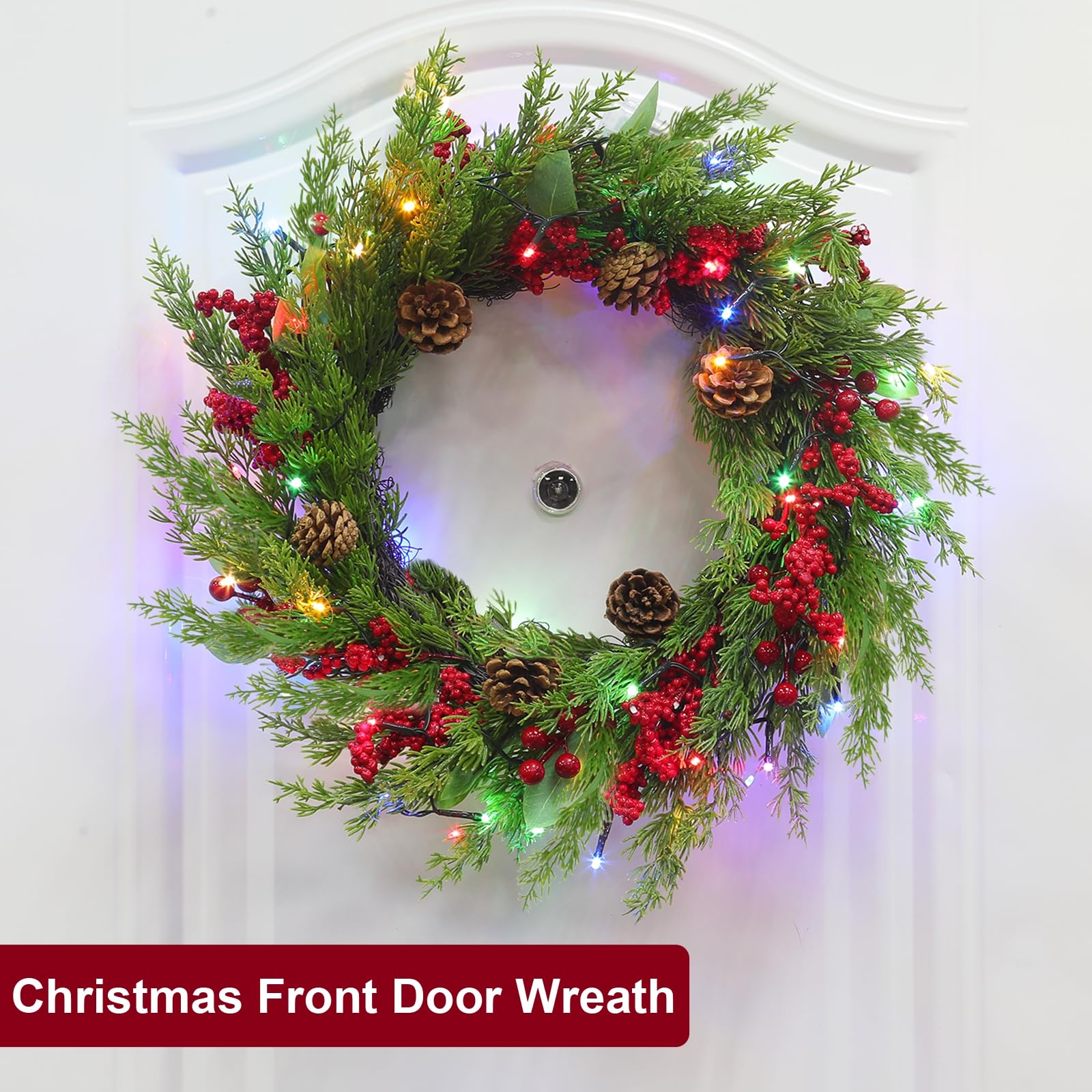 20 Inch Real Touch Christmas Wreath with LED Lights & Timer - 8 Lighting Modes, Battery Operated Artificial Green Cedar Wreath with Pinecones & Berries - Perfect for Front Door, Wall, Windows, Mantle Decorations (Holiday Home & Office Decoration)