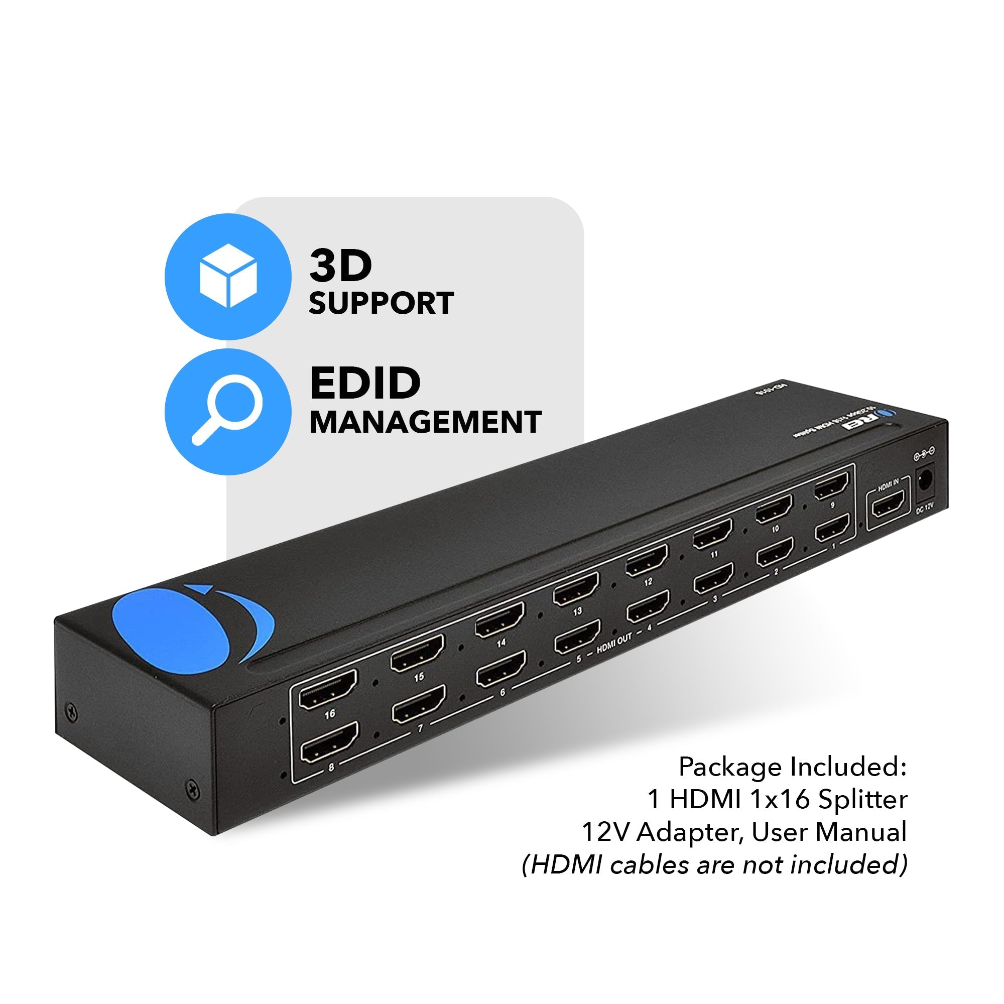 1x16 HDMI Splitter 1 Input 16 Outputs 1080p Full HD with EDID Management - Ideal for Home Theater, Gaming, and Multi-Screen Presentations (HD 1016)