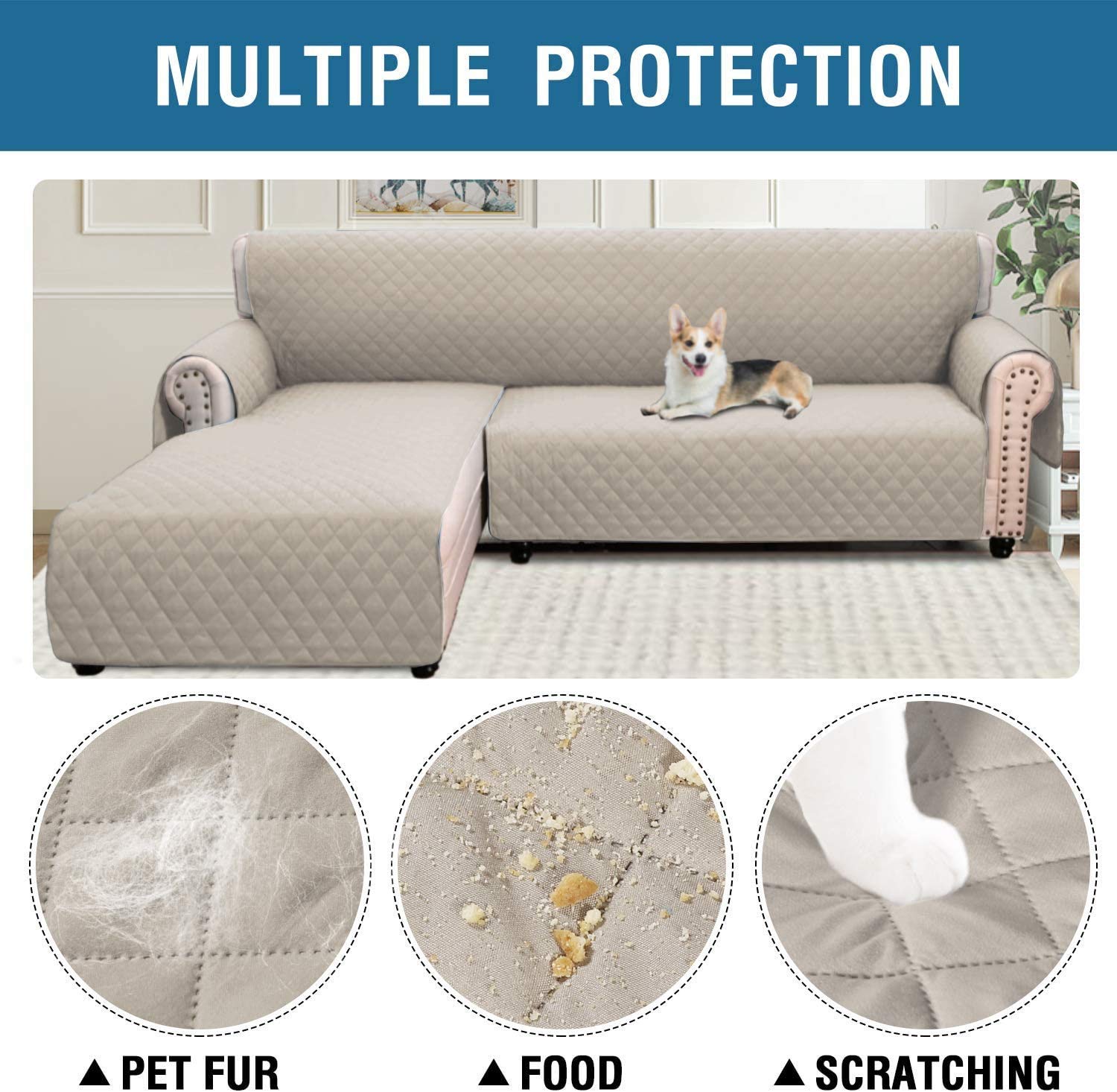 Reversible L-Shaped Sectional Sofa Cover Slipcover - Khaki X-Large | Furniture Protector for Chaise Lounge & Couch | Perfect for Living Room, Home Theater & Family Gatherings