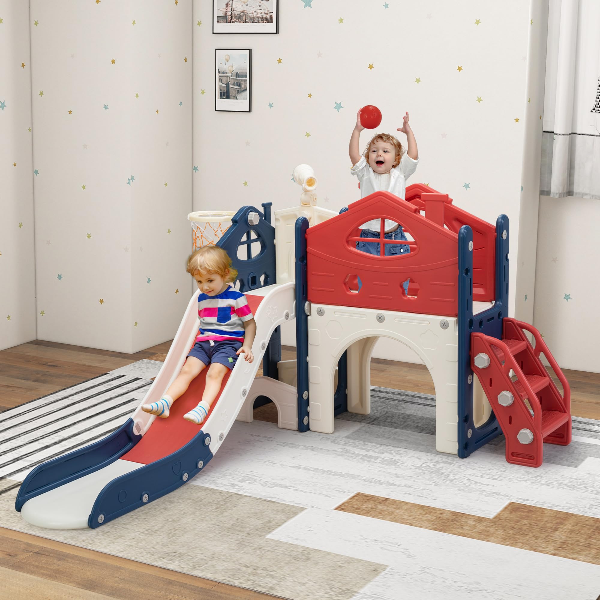 Best Toddler Slide Playset for Kids Age 1-3 - Freestanding Indoor/Outdoor Playground with Climber, Basketball Hoop, Storage Area & Fun Tunnel - Red & Blue Castle Design for Backyard, Nursery & Daycare Play