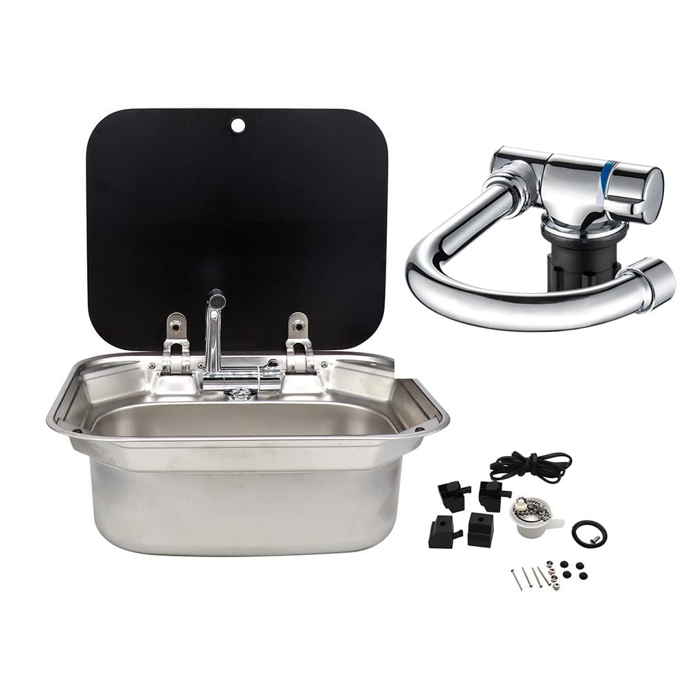 Stainless Steel Outdoor Sink with Lid & Glass Faucet - Hot/Cold Water RV Kitchen Sink for Campers, Boats, Caravans | Perfect for RV Living, Camping & Outdoor Cooking