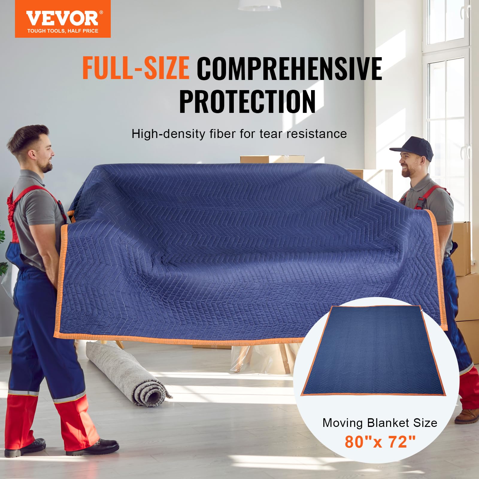VEVOR YB085-65 Heavy Duty Moving Blankets 12 Pack - 65 lbs/dz, Blue & Orange - Furniture Protectors for Moving, Packing & Storage