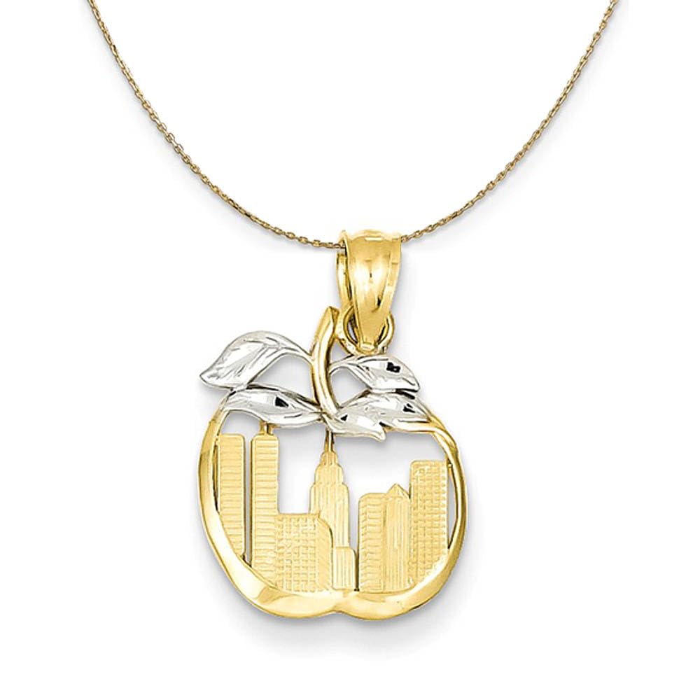 14K Yellow Gold New York Skyline Apple Pendant Necklace - Elegant Black Bow Charm for Women, Perfect Gift for Travel Lovers & NYC Enthusiasts (Ideal for Date Nights, City Trips and Special Occasions)