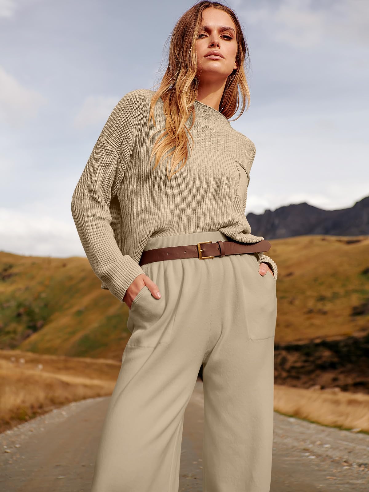 ANRABESS Women's Two Piece Outfits - Long Sleeve Knit Top & Oversized Pants Lounge Set | Fall Winter Sweater Tracksuit | Cozy Homewear, Casual Outing, Streetwear Fashion