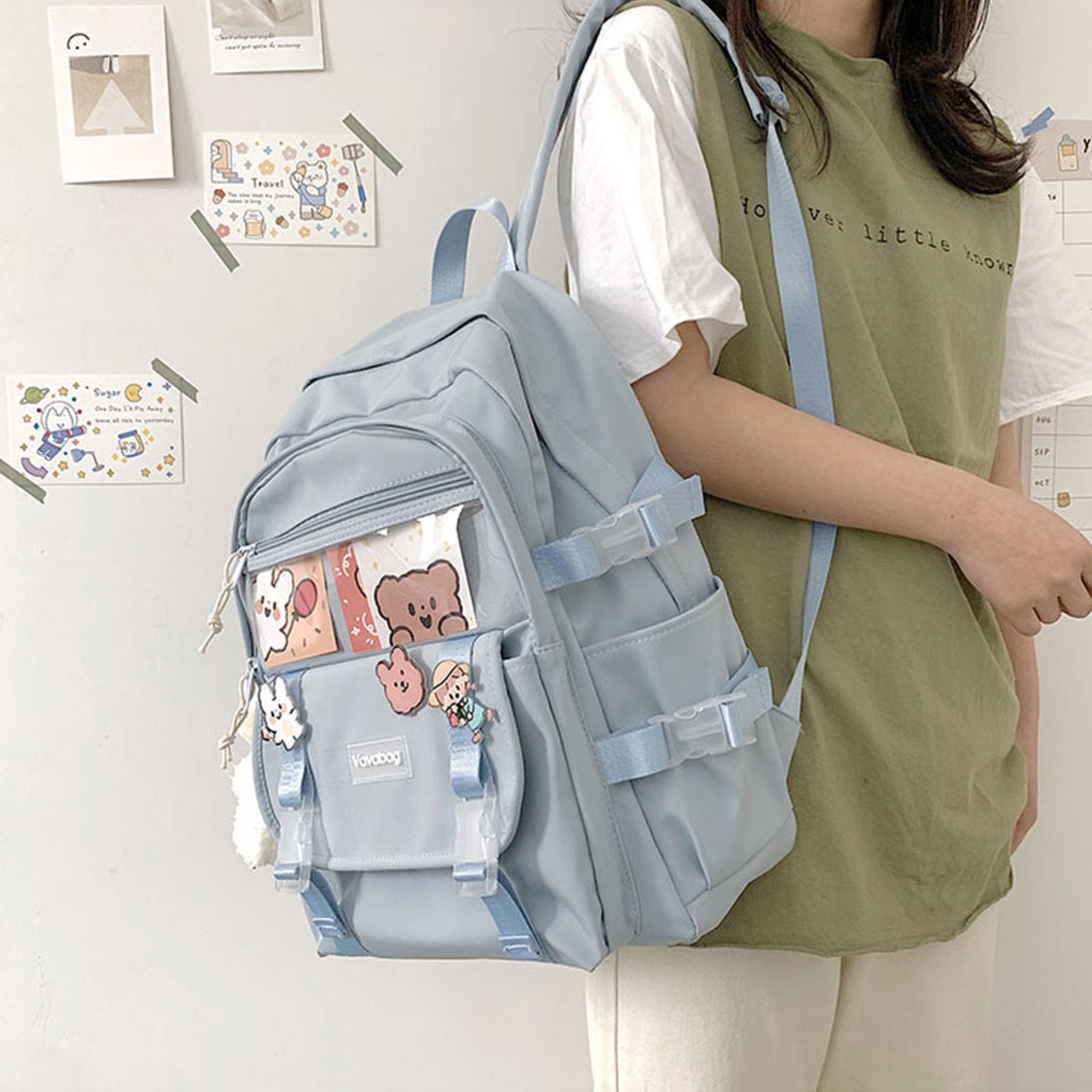 Kawaii Cute Backpack for School with Accessories - Blue Aesthetic School Supplies for Girls & Teens