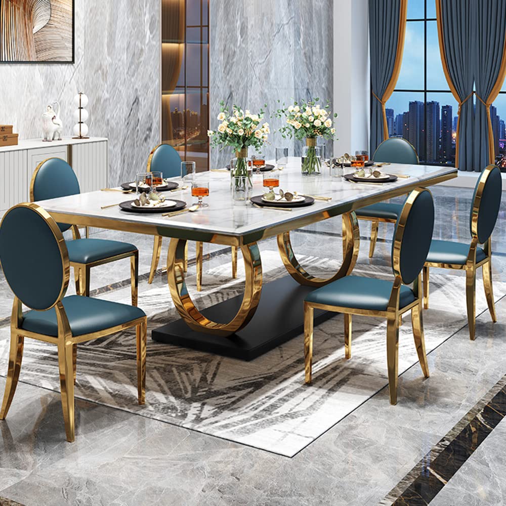 Modern White Marble Dining Table with Gold Trestle Base - 51.2