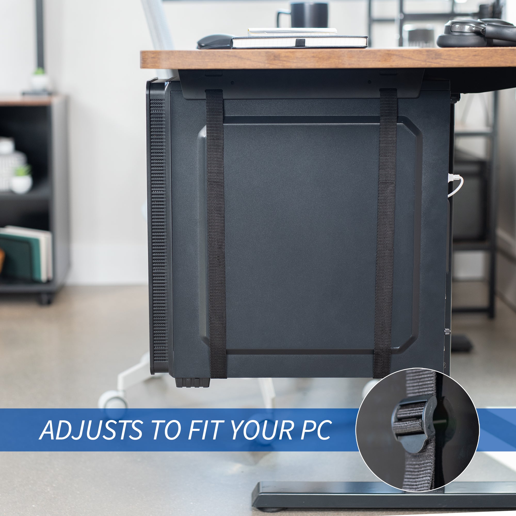 Adjustable Under Desk PC Mount with Strap - Secure Cable Management for Home & Office Workspace Organization