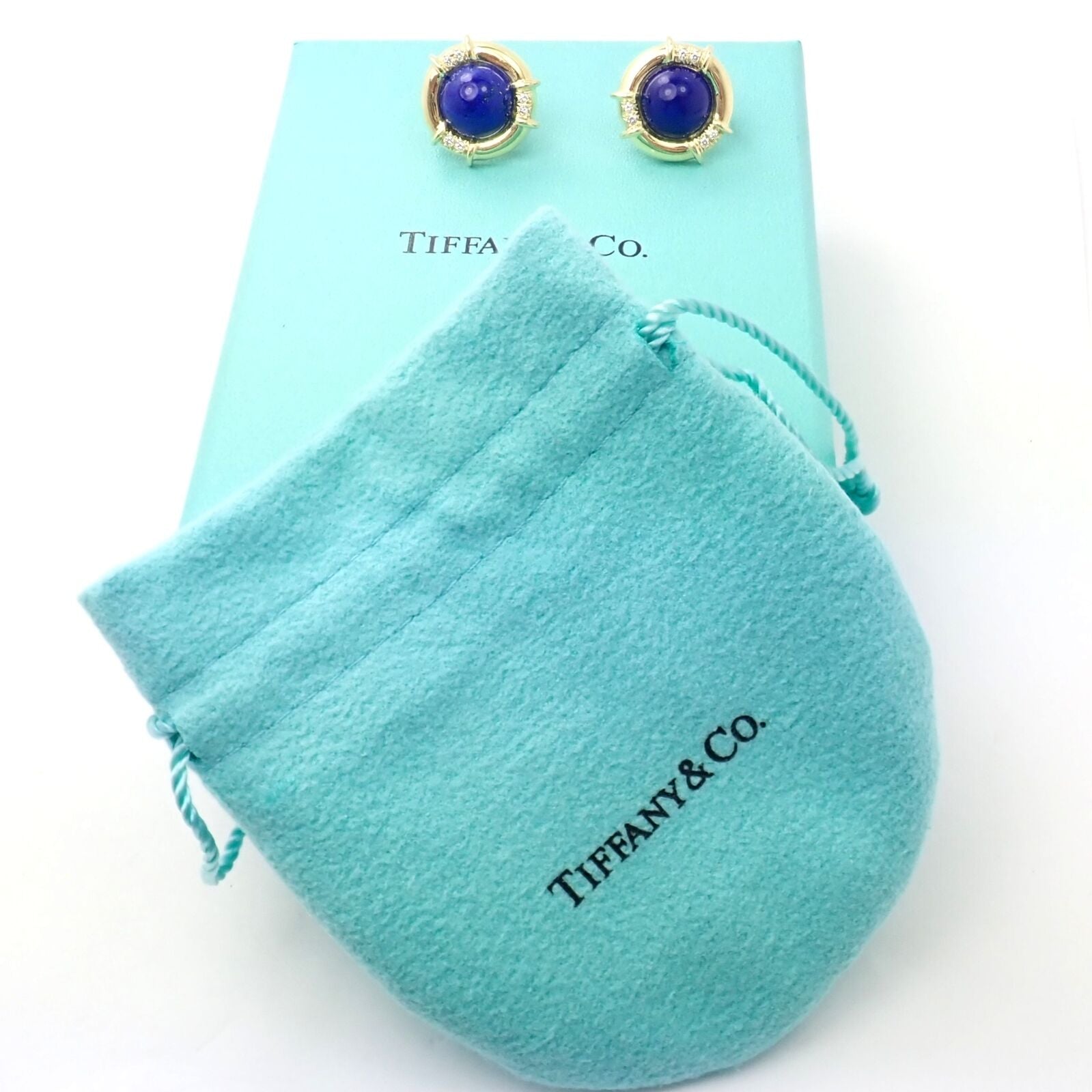 Authentic Tiffany & Co 18K Yellow Gold Diamond Lapis Lazuli Earrings - Luxury Jewelry for Women, Perfect for Weddings, Parties & Special Occasions