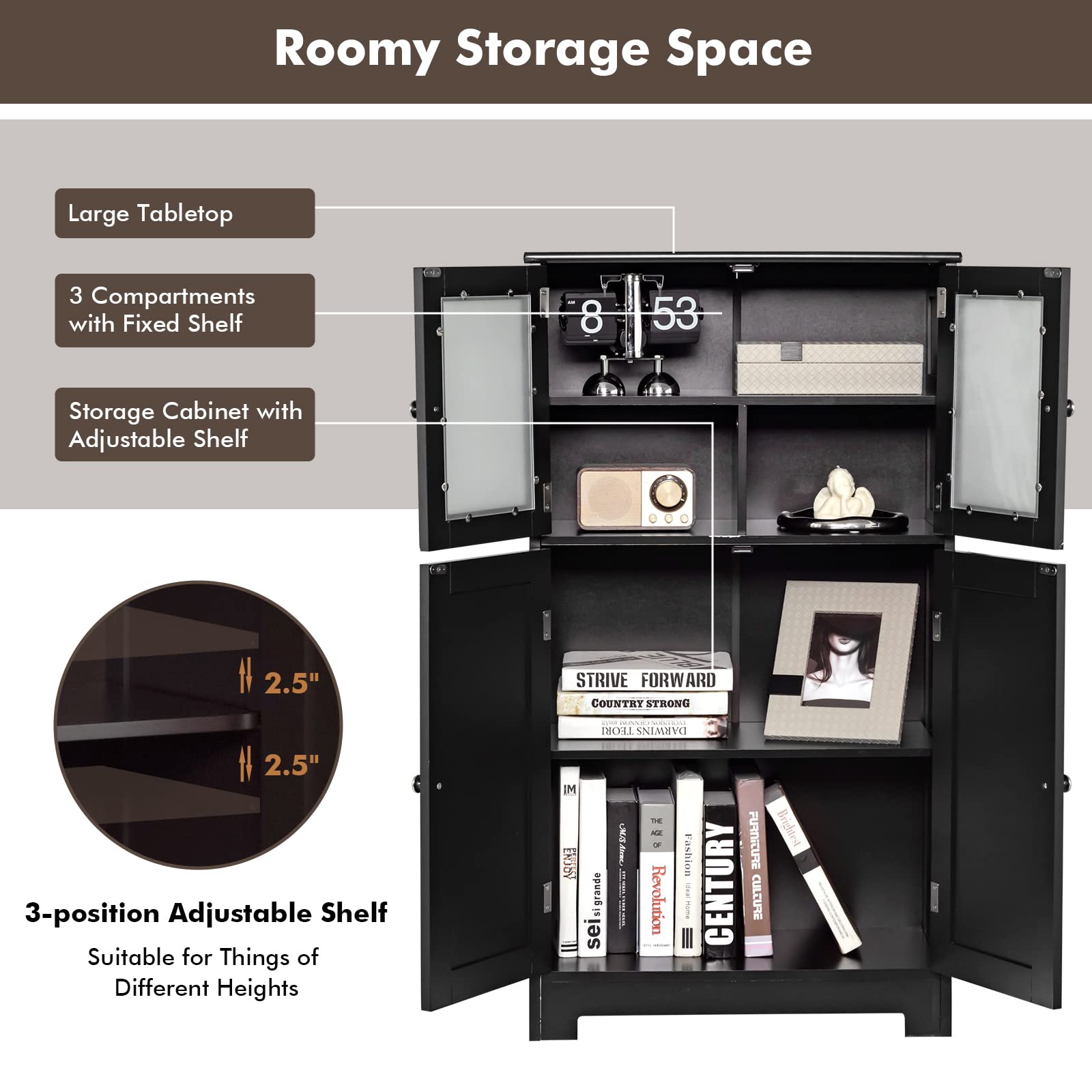 LOKO Wooden Floor Storage Cabinet with Glass Doors & Adjustable Shelf - Bathroom, Kitchen & Living Room Organizer - Perfect for Bath Essentials, Kitchen Supplies & Home Decor (Black)