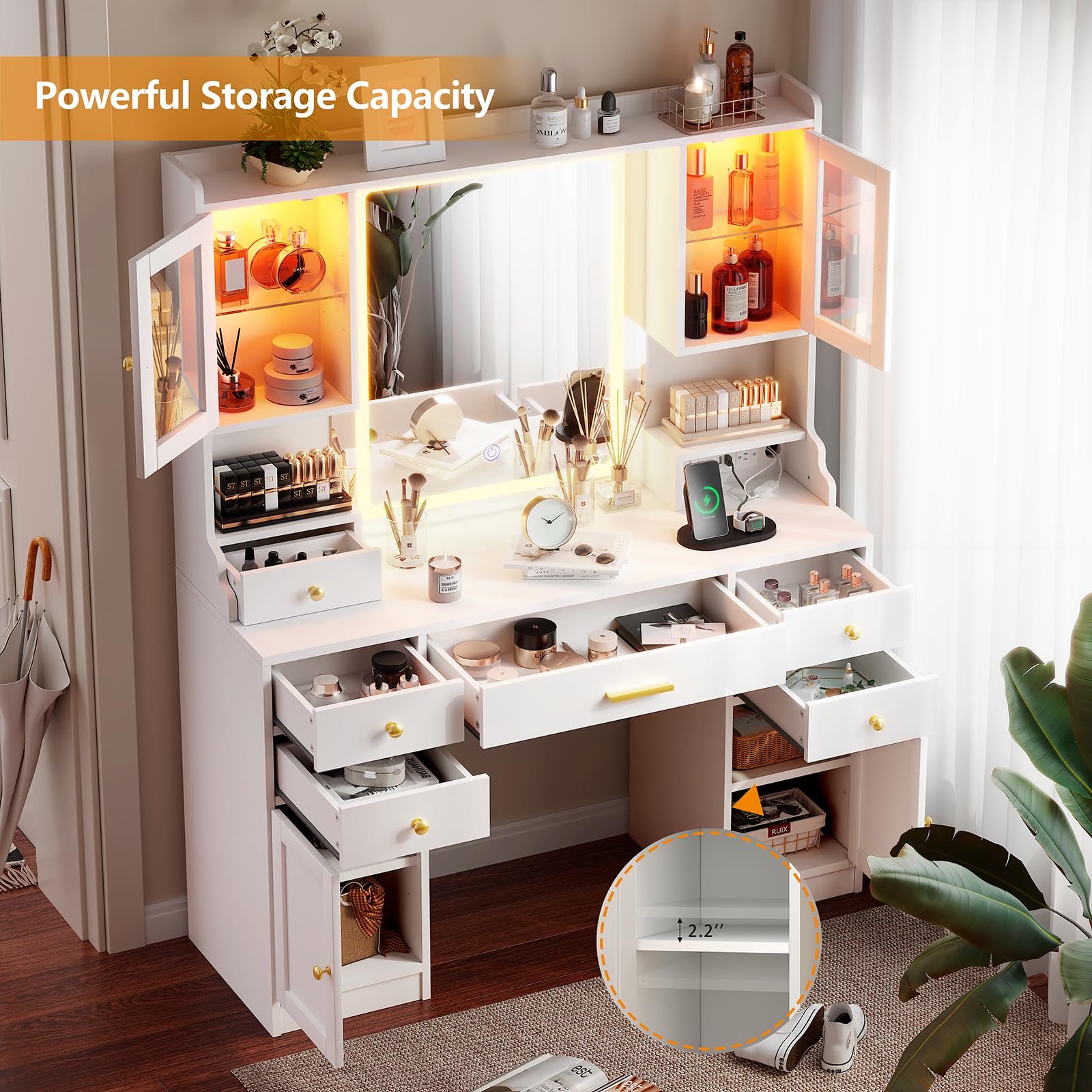 White Makeup Vanity Desk with Mirror & LED Lights - Large Dressing Table Set with Charging Station, RGB Cabinets & 3 Light Modes - Perfect for Bedroom, Salon, or Bridal Makeup Area