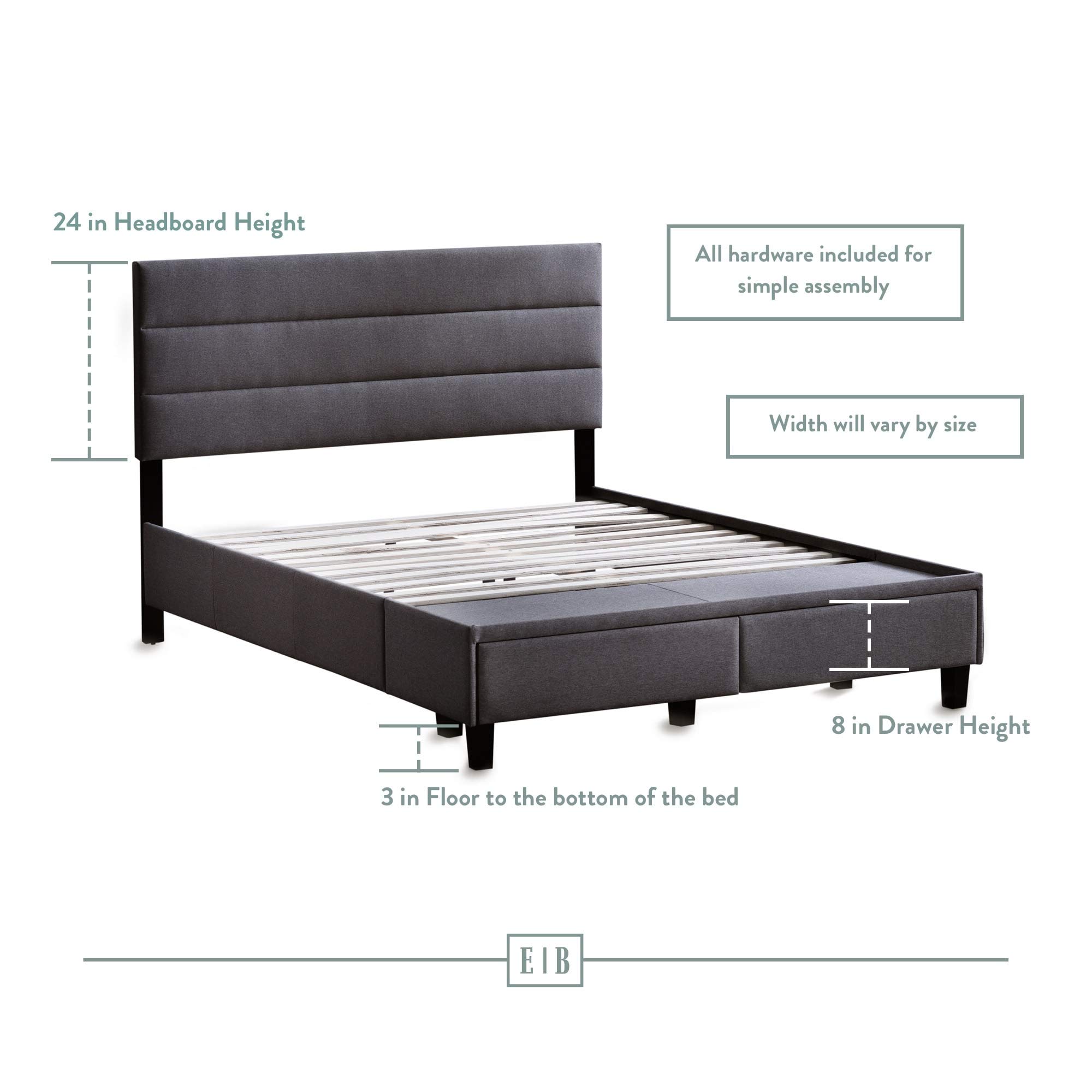 Edenbrook Johnson Upholstered Bed with Built-in Storage Drawers - Modern Channel Tufted Headboard - Easy Assembly Full Size Bed Frame - Charcoal Gray - Perfect for Small Bedrooms & Guest Rooms
