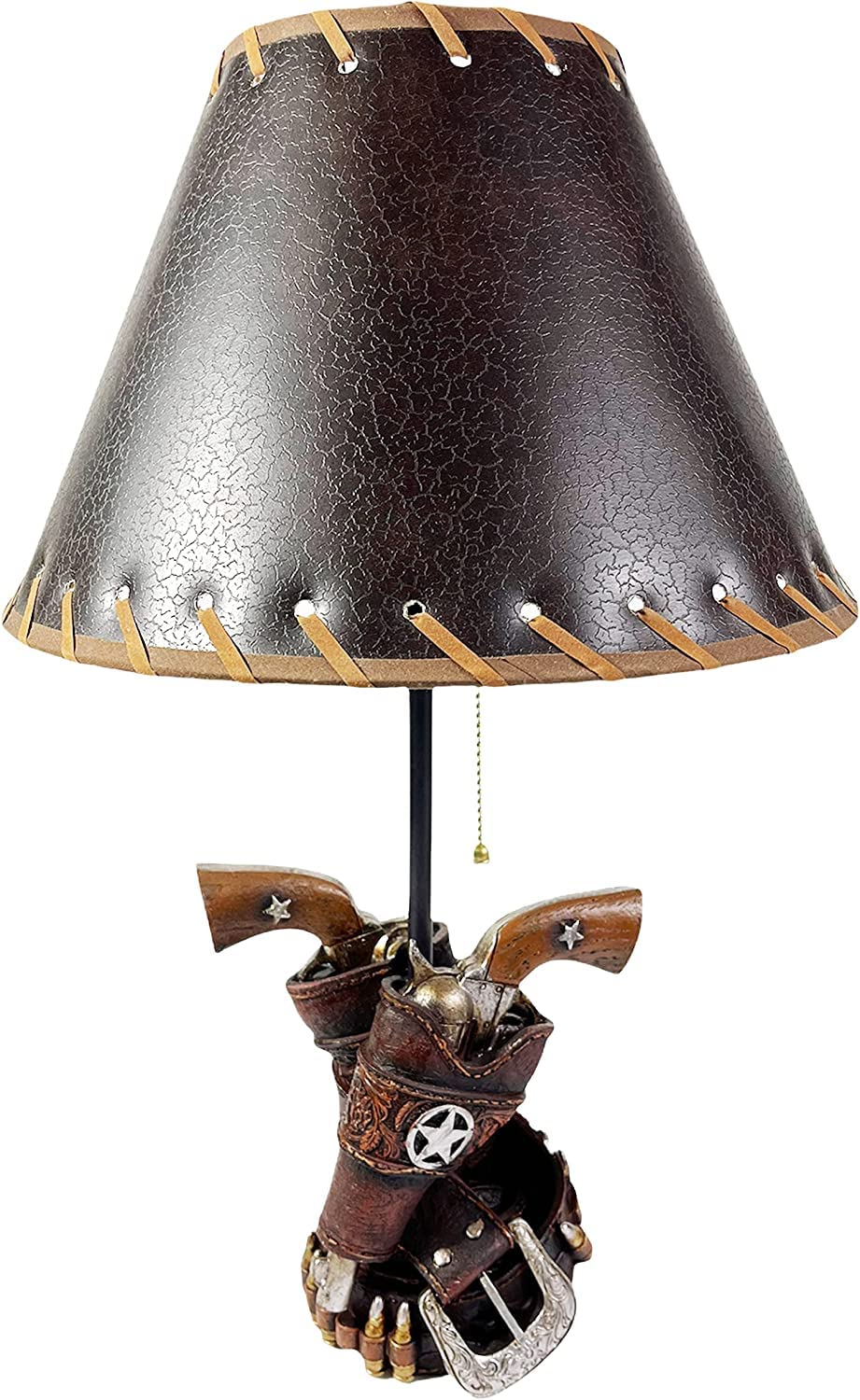 Western Cowboy Six Shooter Belt Table Lamp - Vintage Revolver End Table Light for Bedroom, Living Room & Office Decor - Brown Pistol Design Nightstand Lamp for Western Theme Home & Ranch Style Interior