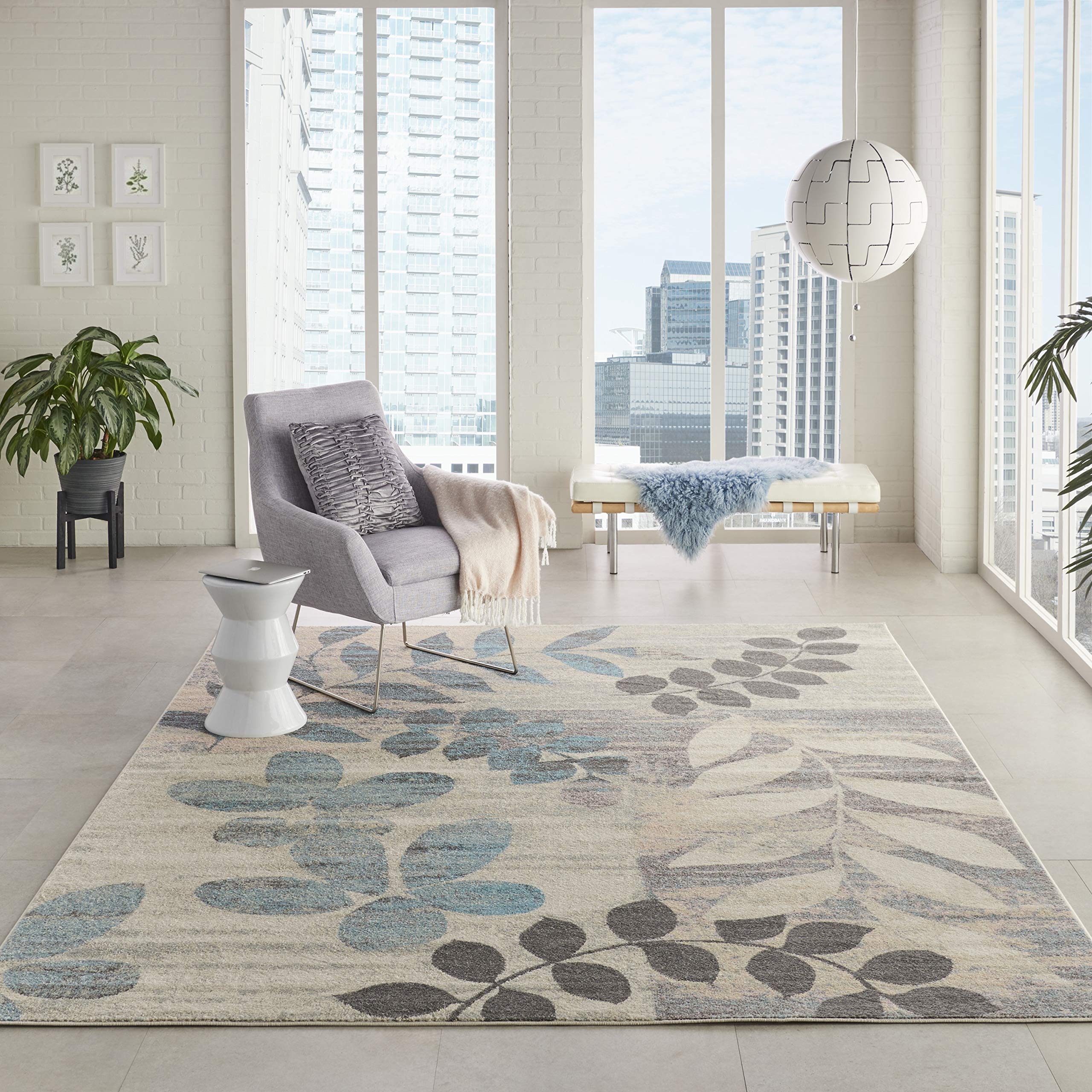 Nourison Tranquil Floral Ivory/Light Blue 7' x 10' Area Rug - Easy Clean, Non-Shedding, Stain Resistant for Bedroom, Living Room, Dining Room & Kitchen | Perfect for Home Decor, Floor Protection & Cozy Comfort (7x10)